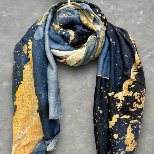 Abstract Pattern With Gold Accents Blue Cotton Scarf/Summer Autumn Winter Scarf/Gifts For Her Birthday Christmas/Gifts For Mother