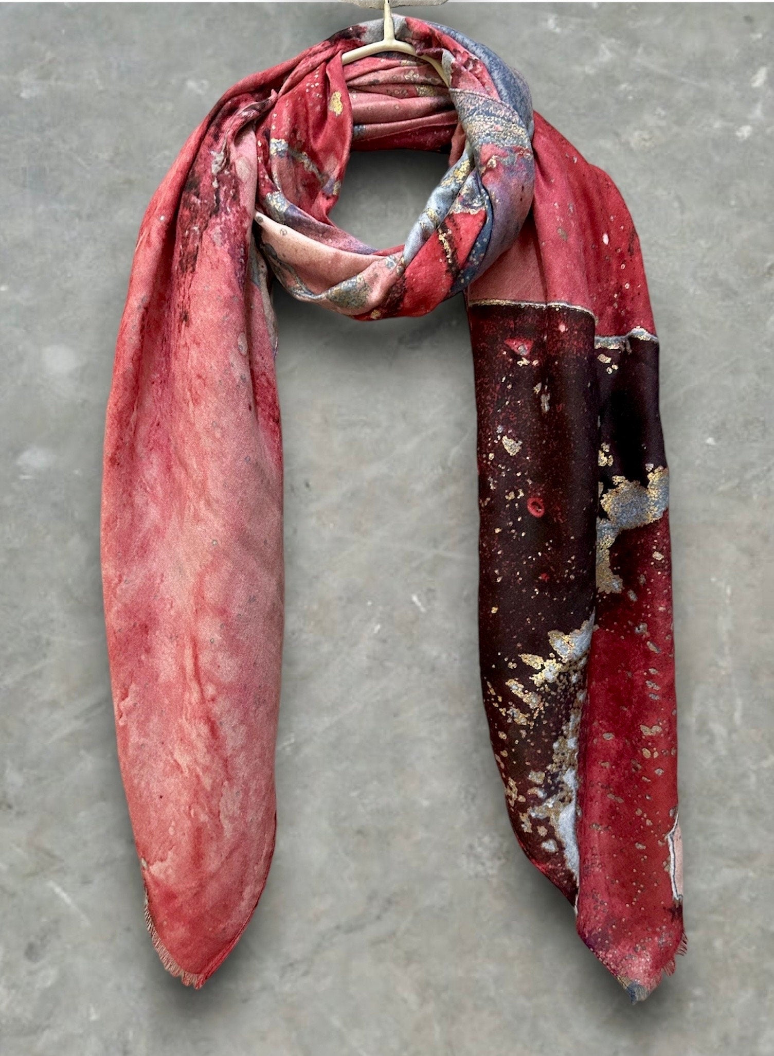 Red Cotton Scarf with Abstract Patterns and Gold Accents