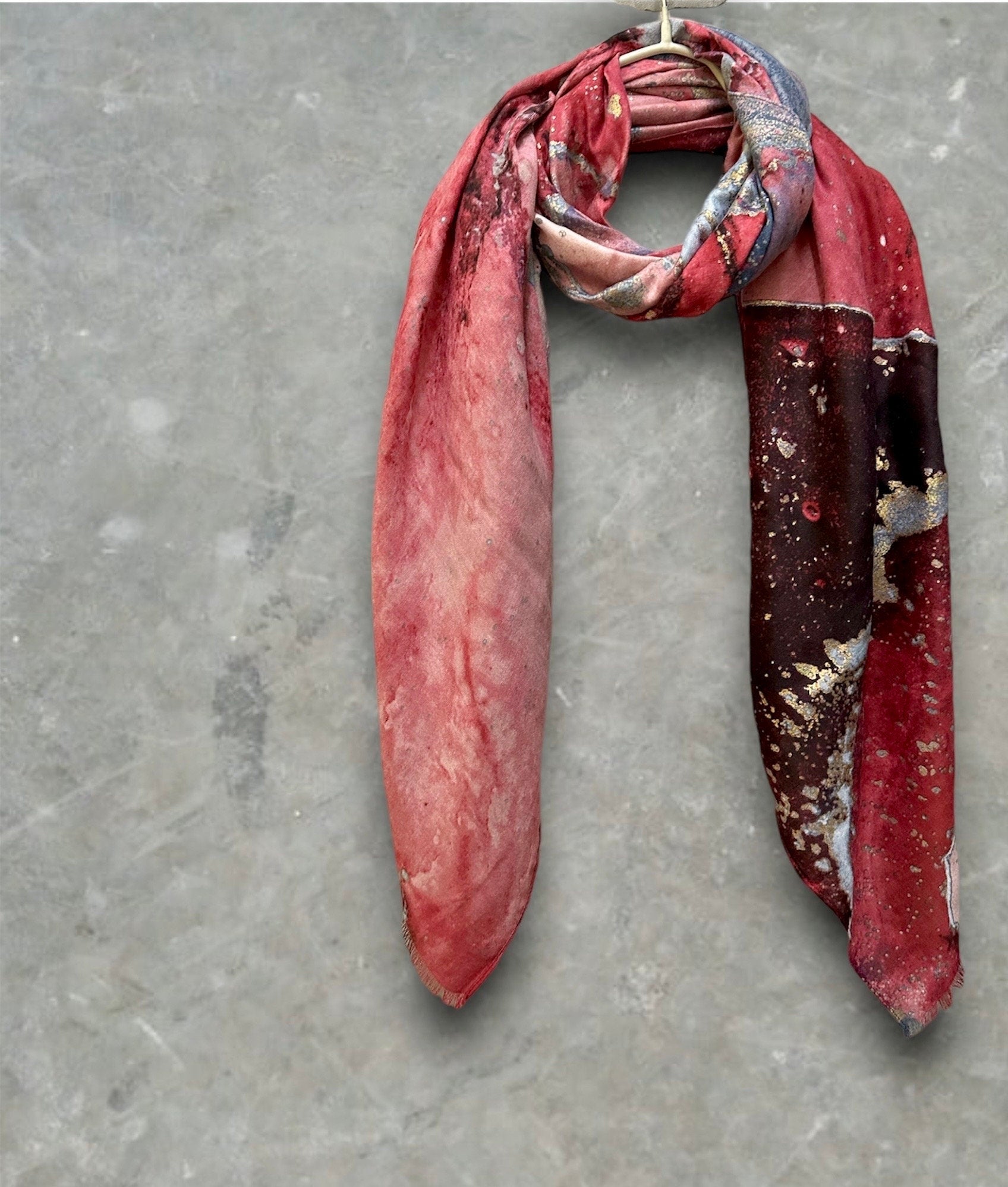 Red Cotton Scarf with Abstract Patterns and Gold Accents