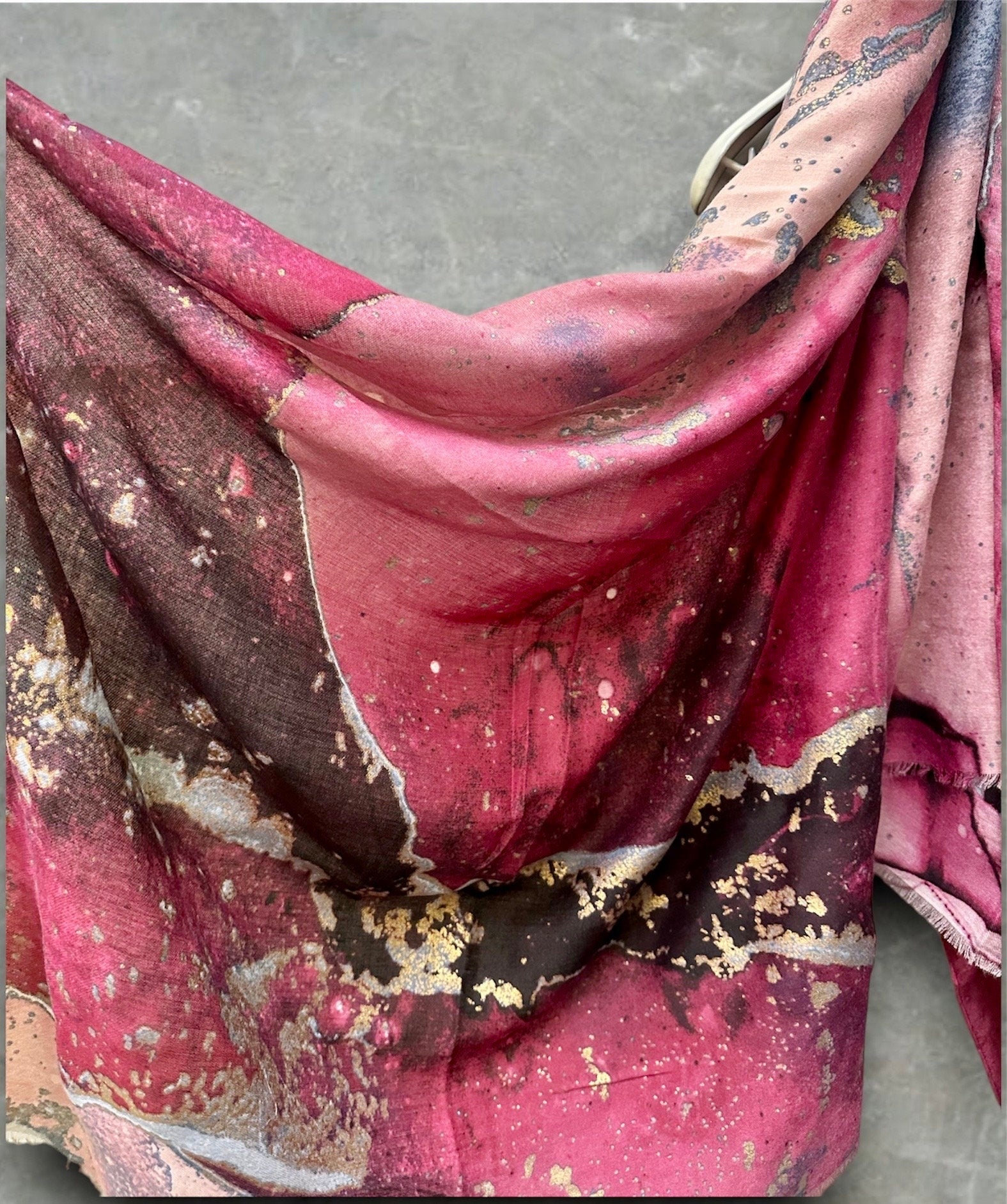 Red Cotton Scarf with Abstract Patterns and Gold Accents