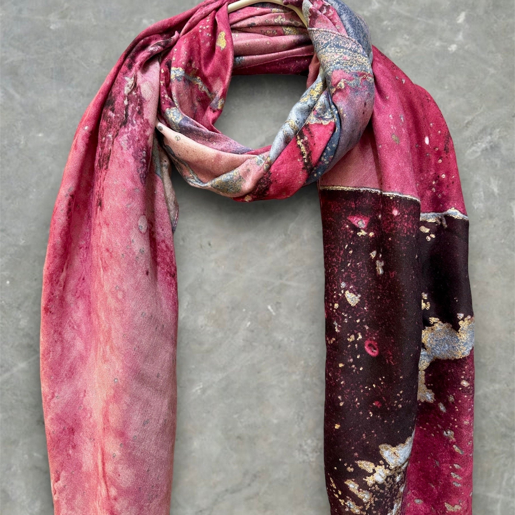 Red Cotton Scarf with Abstract Patterns and Gold Accents