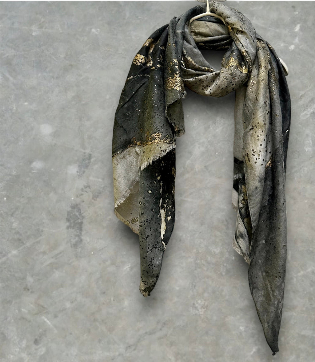 Abstract Pattern With Gold Accents Grey Cotton Scarf