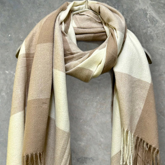 Block Pattern Cashmere Blend Scarf in Brown and White suitable for Autumn Winter/Great Gifts For Mom, Her,Birthday and Christmas.