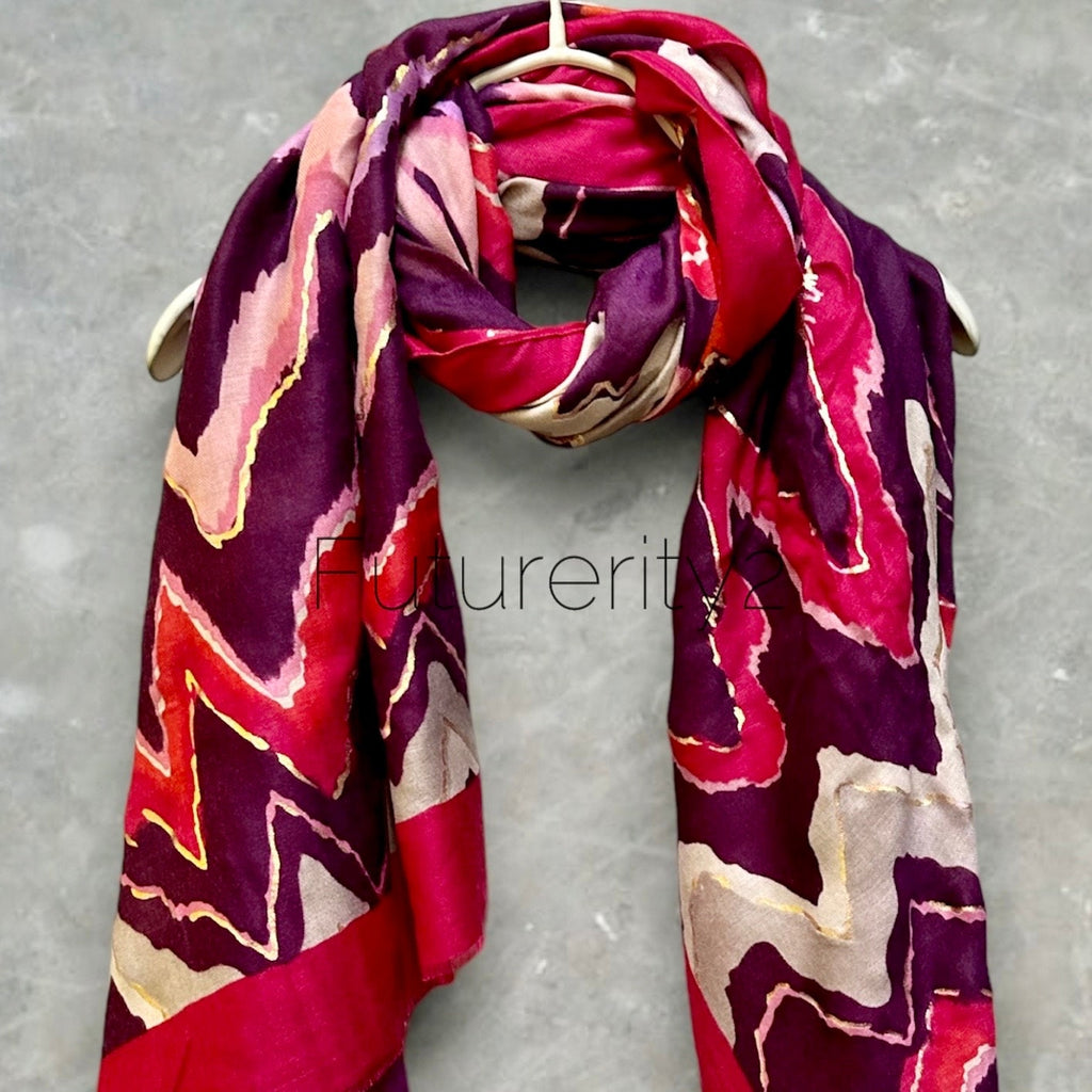 Pink Cotton Scarf with Zigzag Pattern and Gold Accents – A Versatile Gift for Her, Year-Round