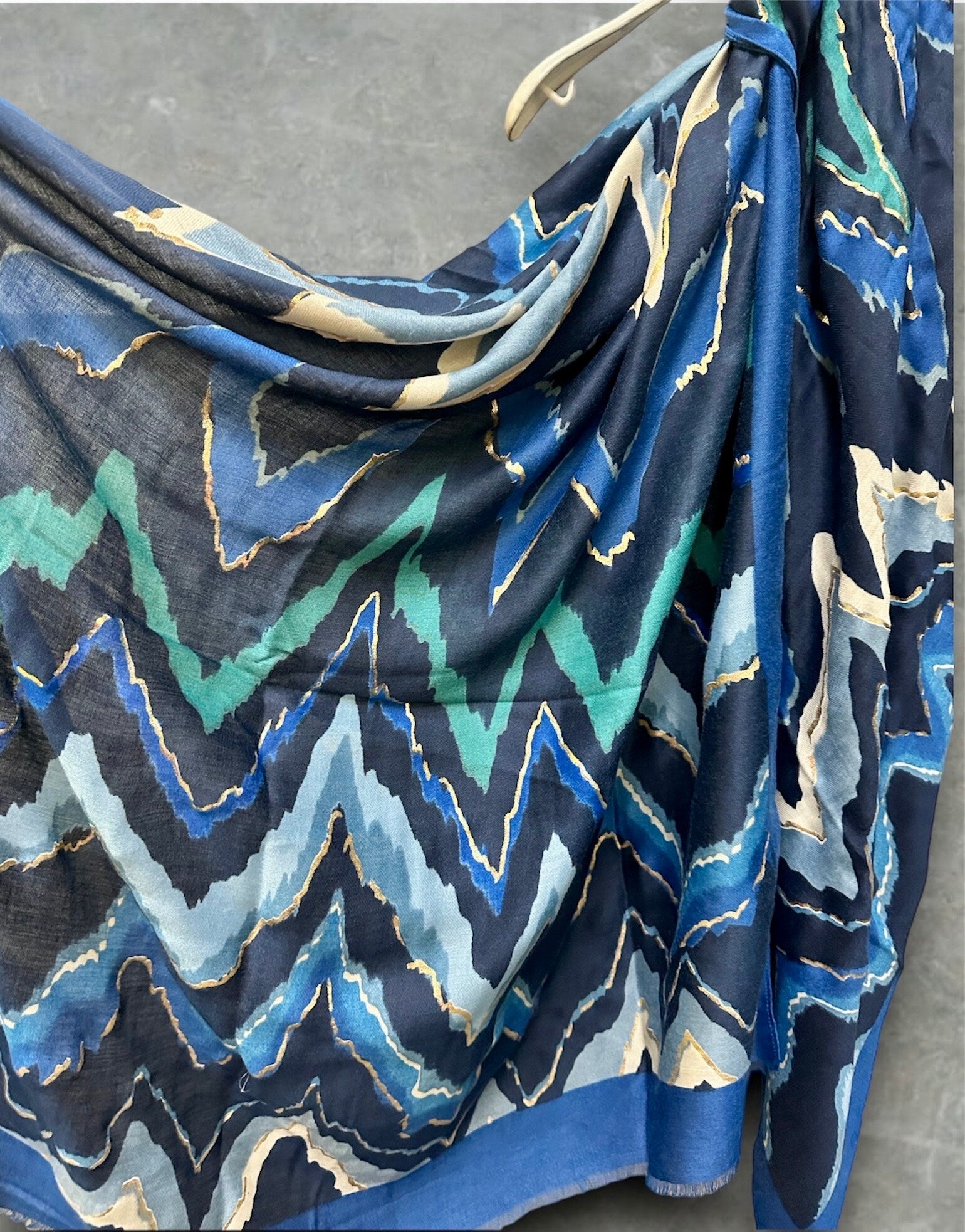 Blue Cotton Scarf Featuring Zigzag Pattern and Gold Accents.A Stylish and Versatile Accessory for All Season,Ideal Gift for Her,Mom