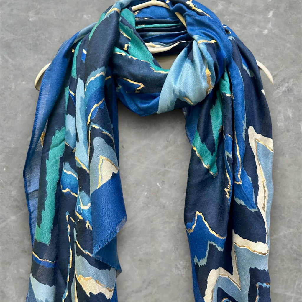 Blue Cotton Scarf Featuring Zigzag Pattern and Gold Accents.A Stylish and Versatile Accessory for All Season,Ideal Gift for Her,Mom
