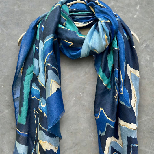 Blue Cotton Scarf Featuring Zigzag Pattern and Gold Accents.A Stylish and Versatile Accessory for All Season,Ideal Gift for Her,Mom