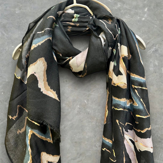 Black Cotton Scarf with Zigzag Pattern and Gold Accents,suitable for all Season,Great Gifts for Her,Mom,Birthday and Christmas