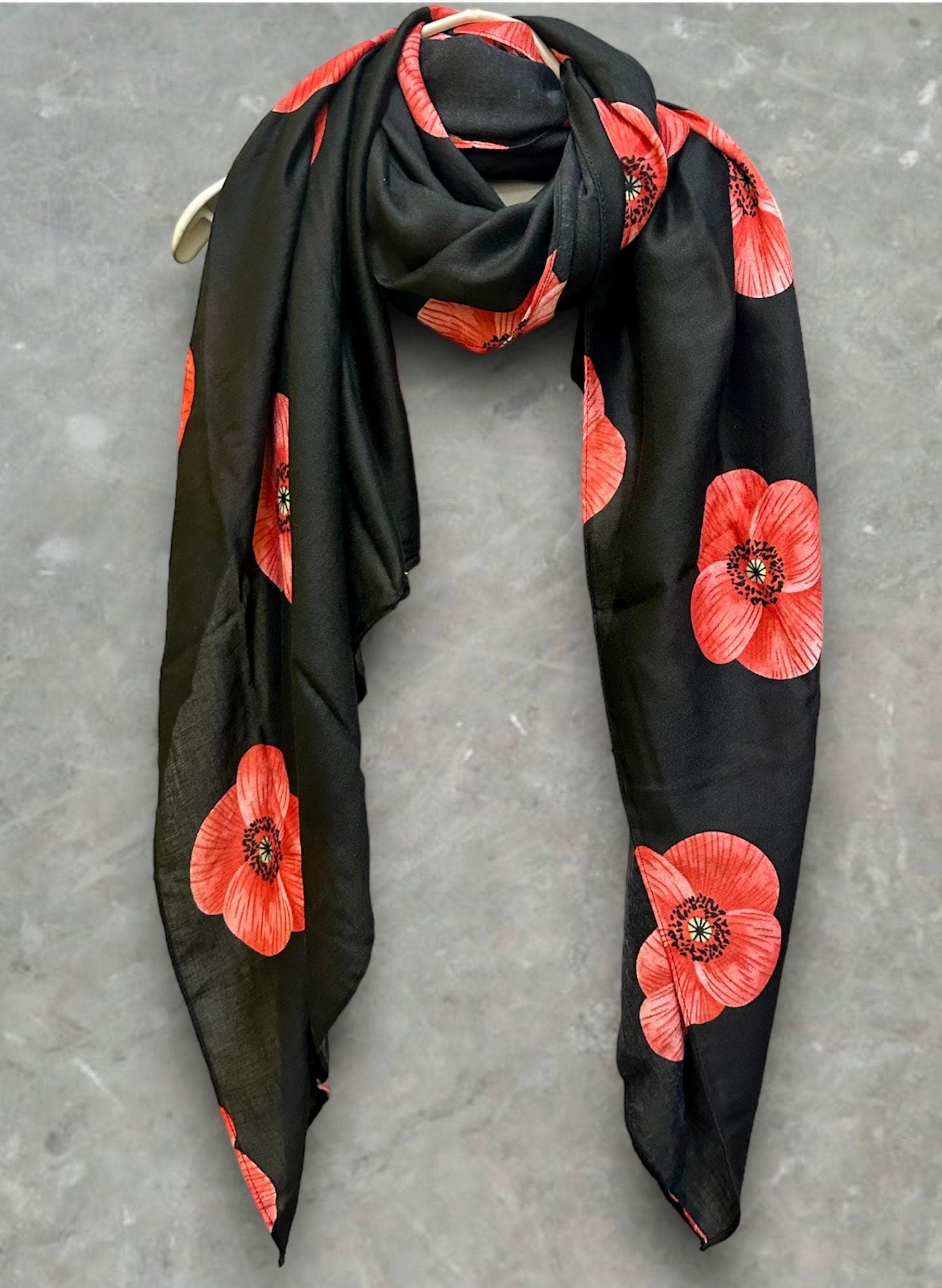 Poppy Flowers Black Cotton Blend Scarf