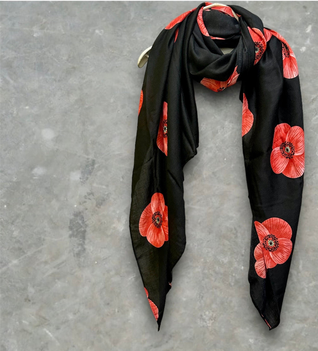 Poppy Flowers Black Cotton Blend Scarf