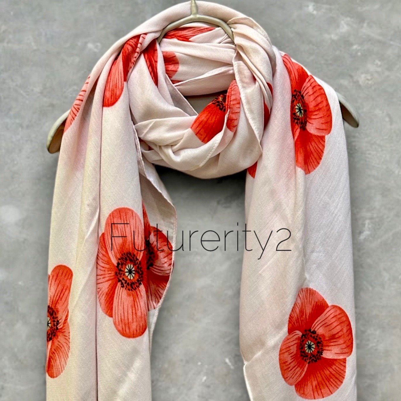 Poppy Flowers White Cotton Blend Scarf
