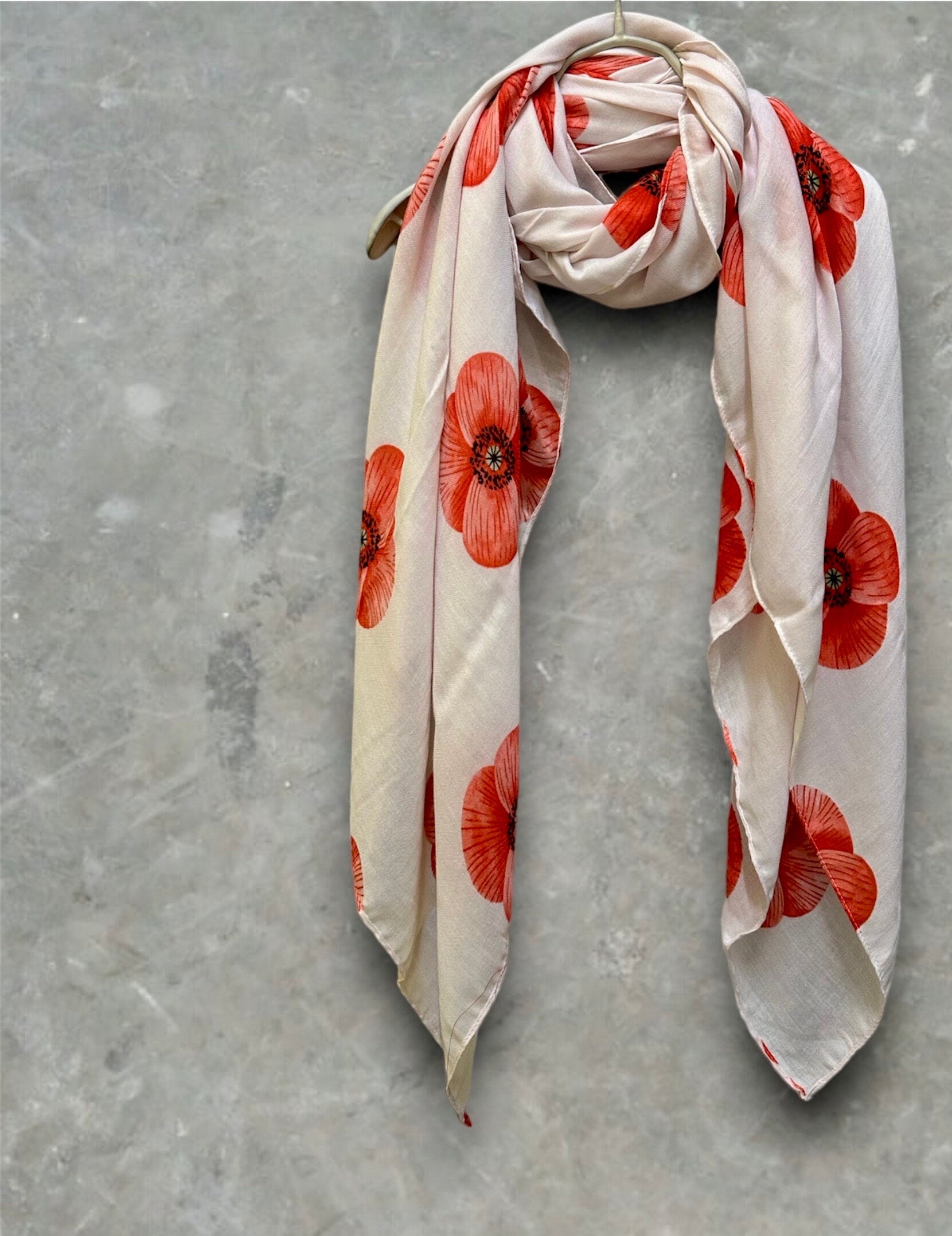 Poppy Flowers White Cotton Blend Scarf