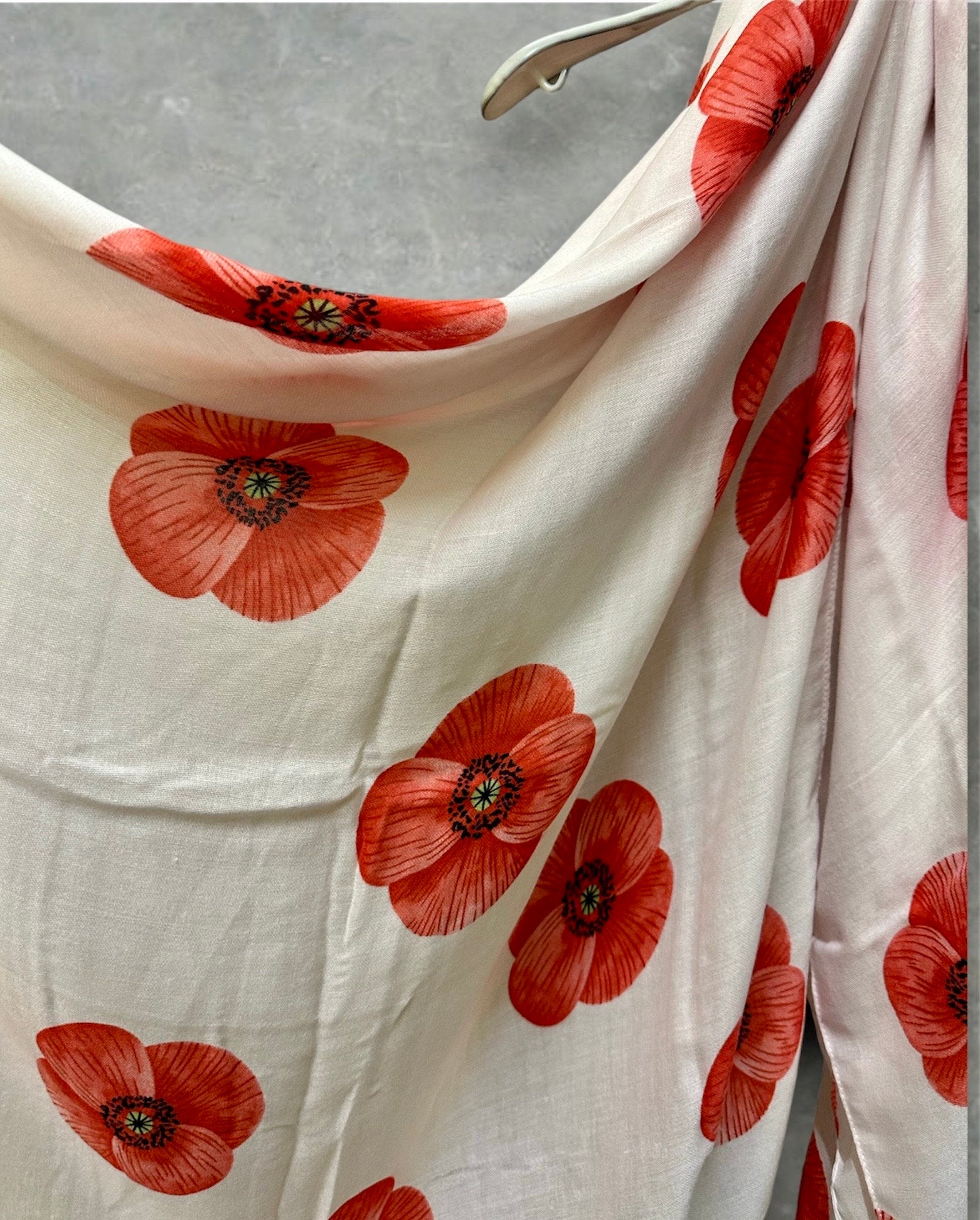 Poppy Flowers White Cotton Blend Scarf