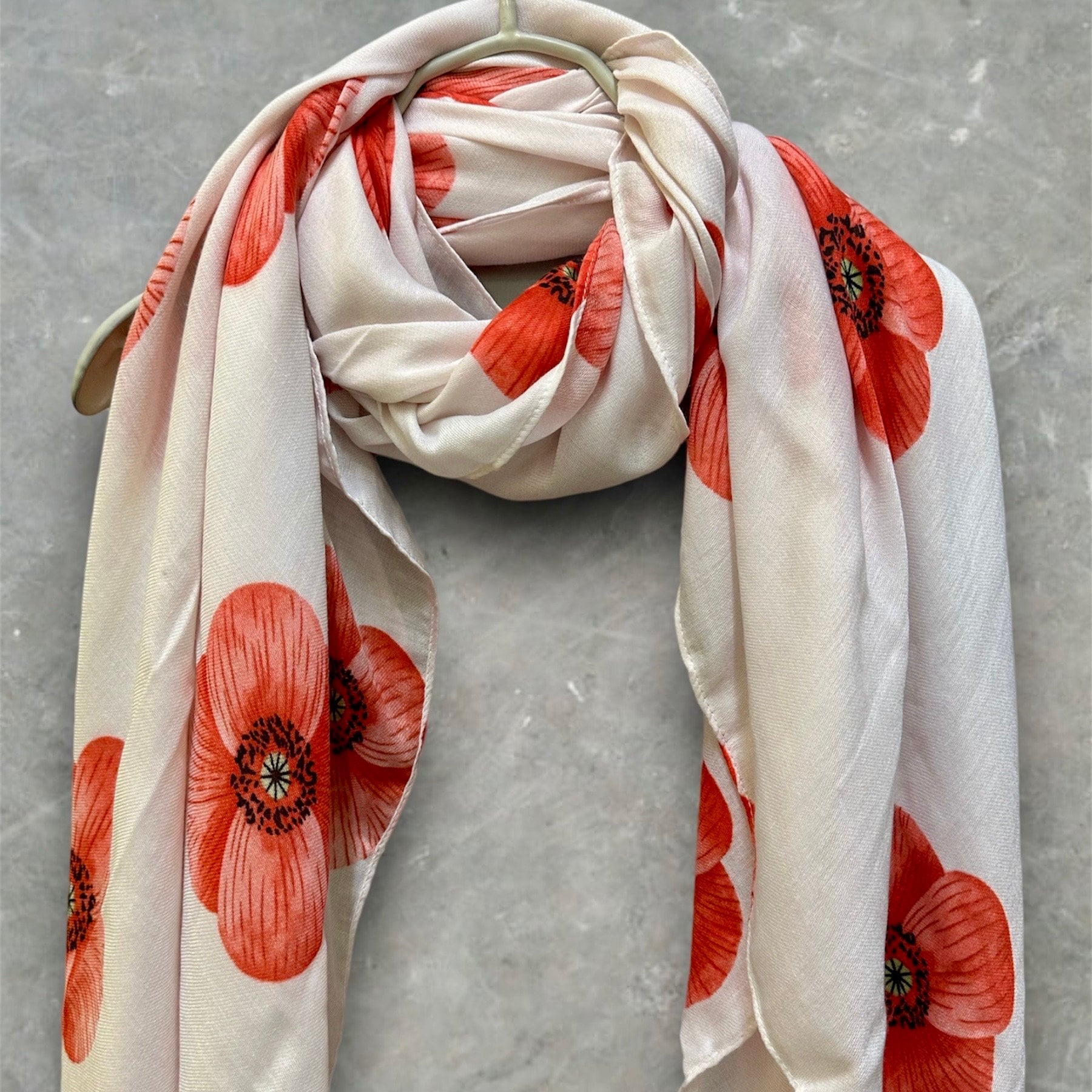 Poppy Flowers White Cotton Blend Scarf