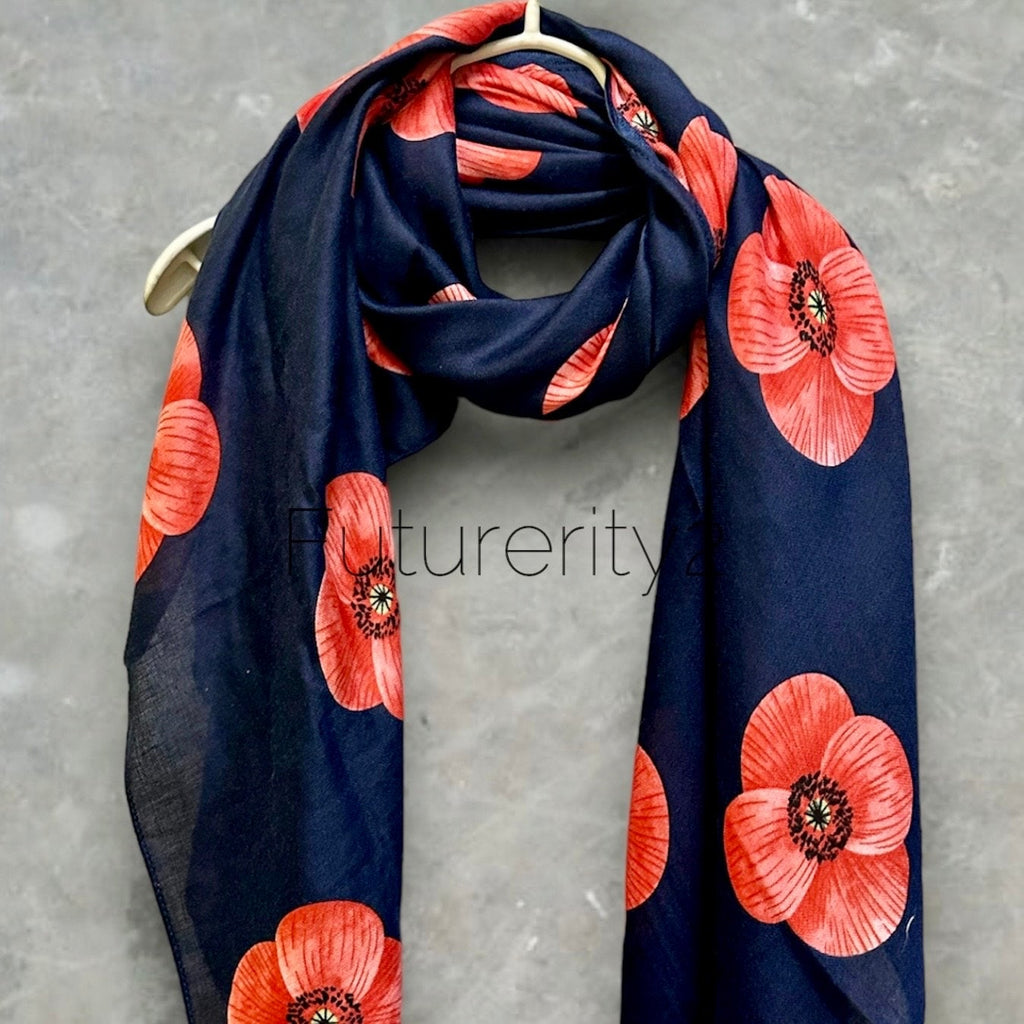Poppy Flowers Navy Blue Cotton Blend Scarf