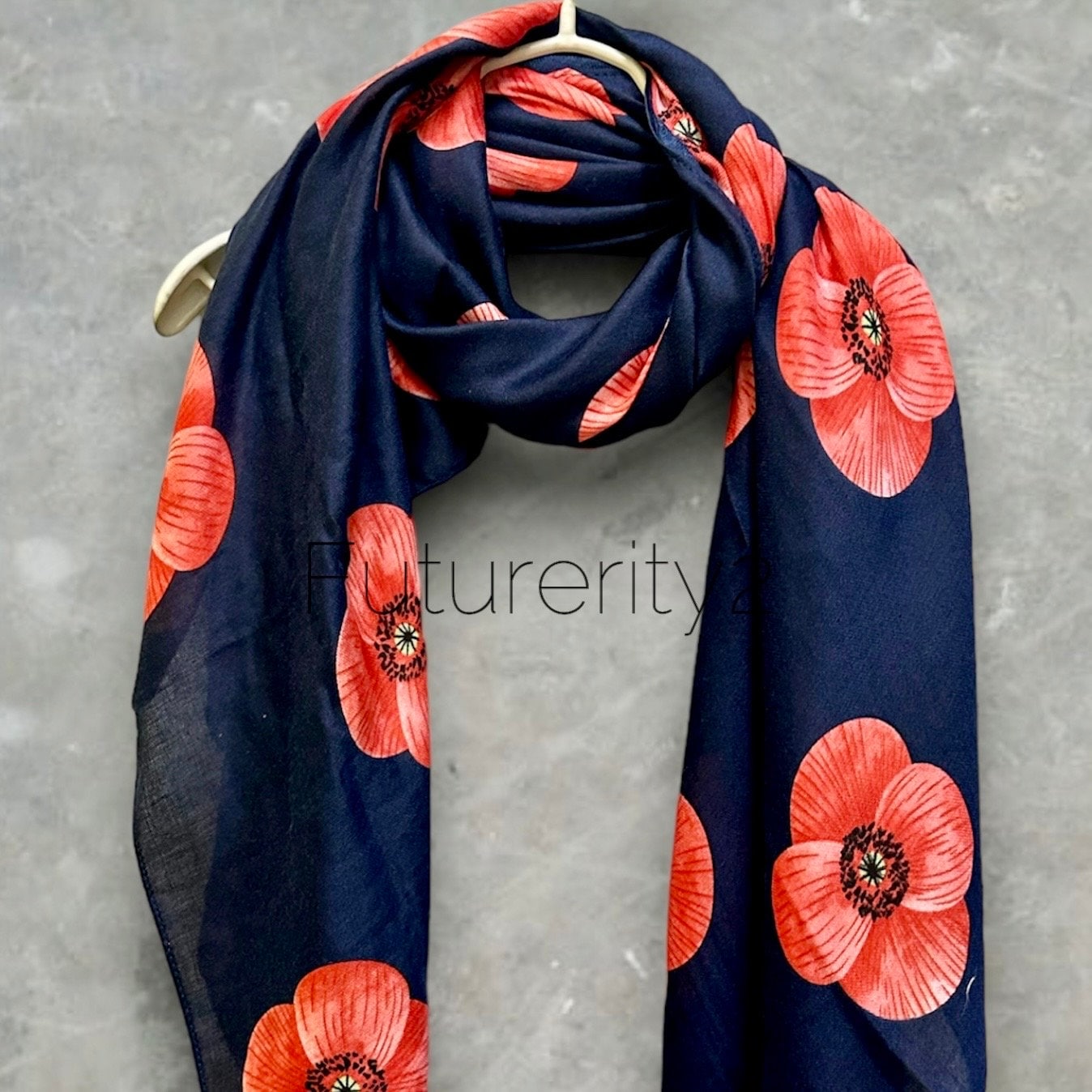 Poppy Flowers Navy Blue Cotton Blend Scarf