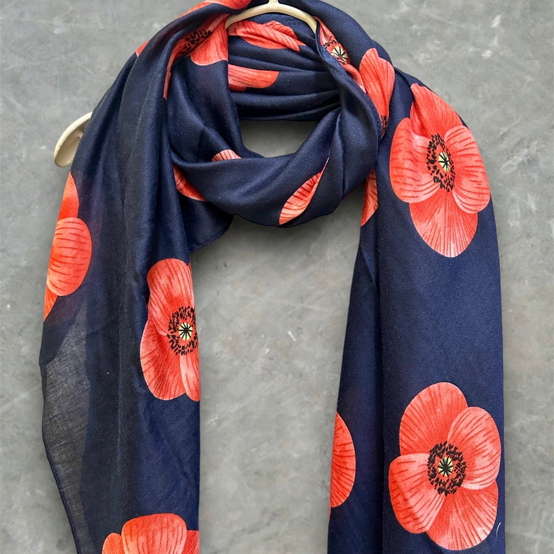 Poppy Flowers Navy Blue Cotton Blend Scarf