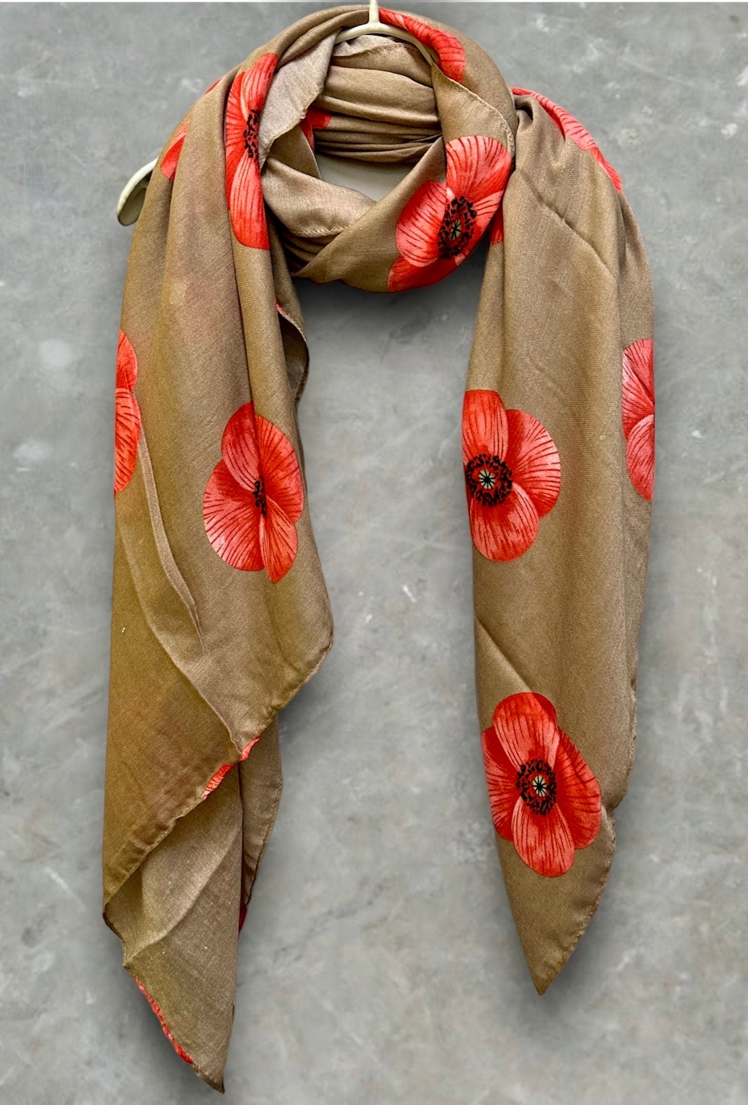 Poppy Flowers Beige Cotton Blend Scarf