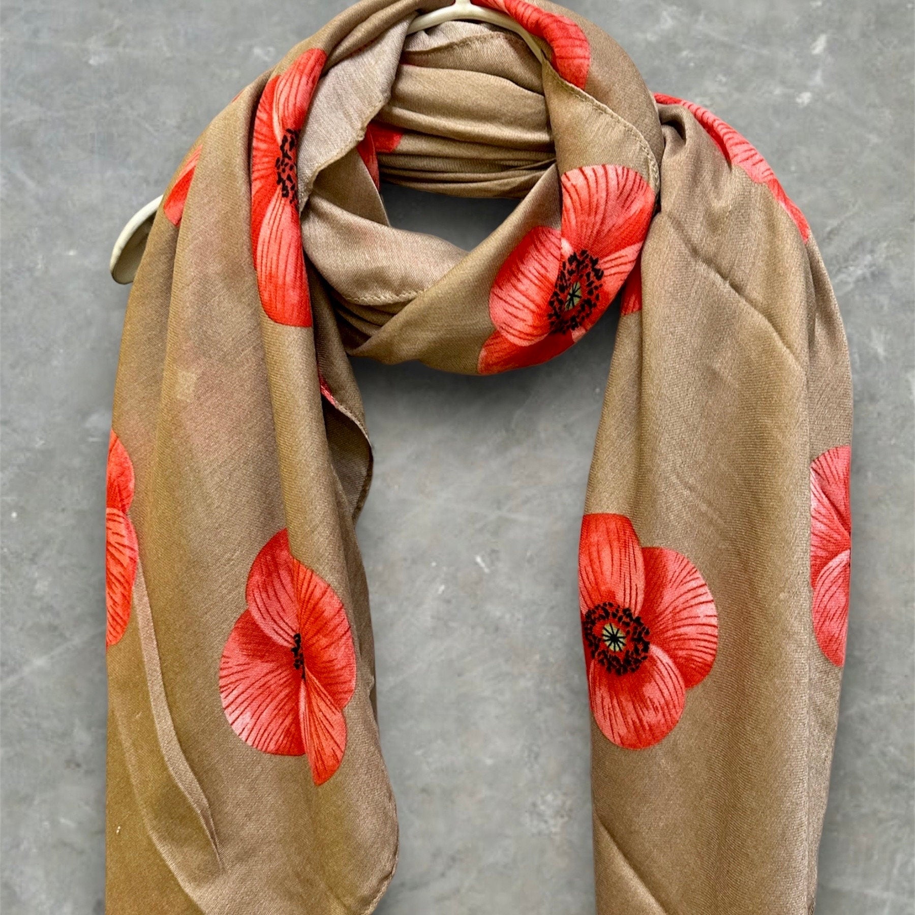 Poppy Flowers Beige Cotton Blend Scarf