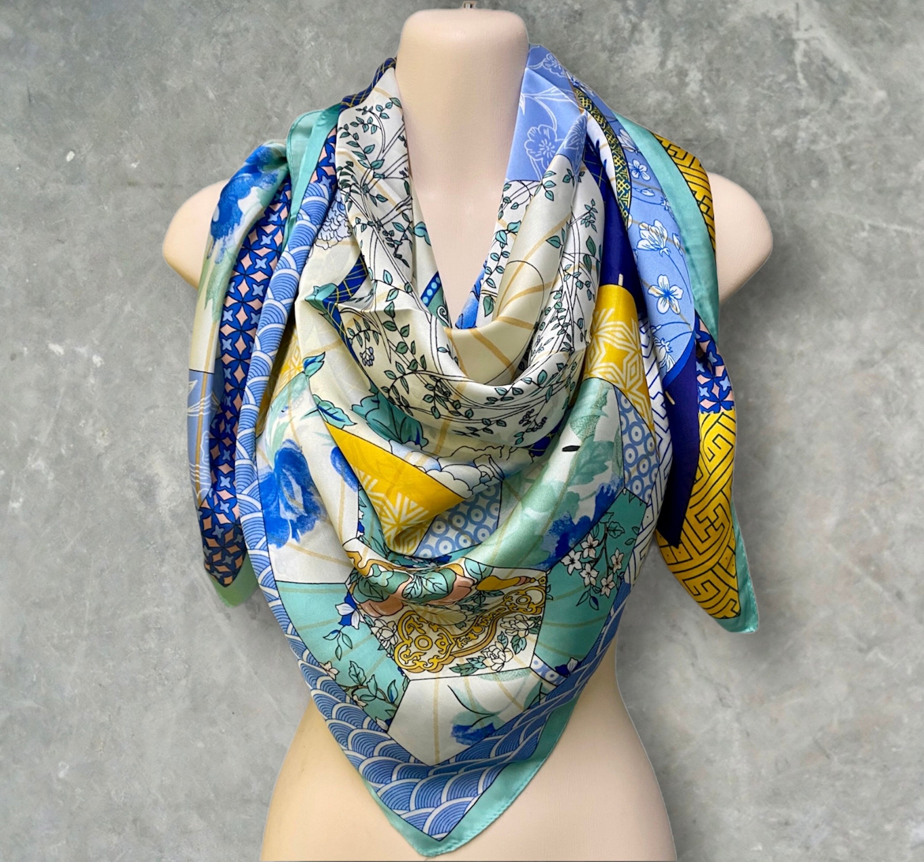 Light Blue Silk Blend Square Scarf with Japanese Kimono Pattern – A Stylish Gift for Her
