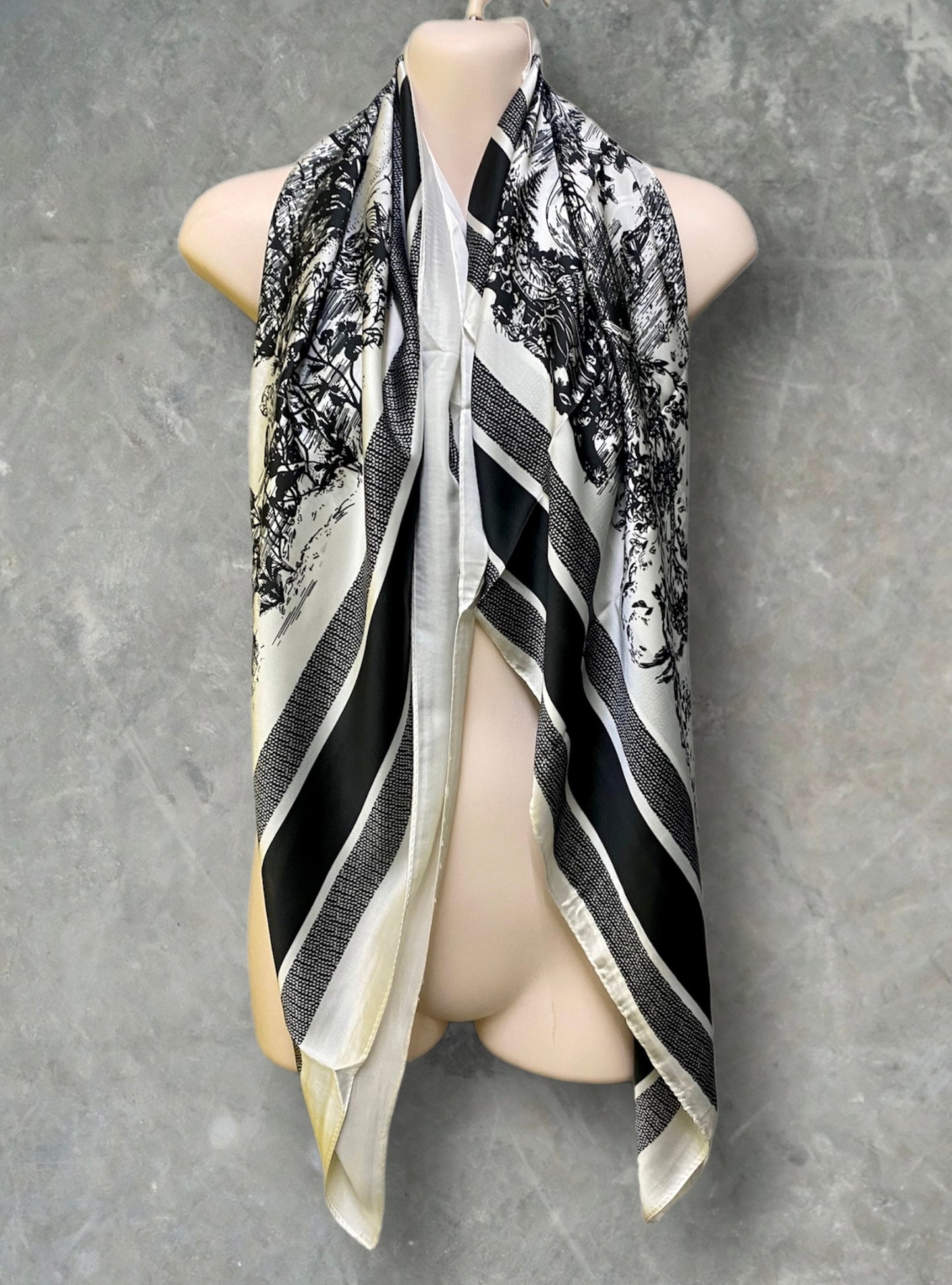 Black And Grey Silk Square Scarf with Sketched Forest Pattern – A Timeless Gift for Her, Any Occasion