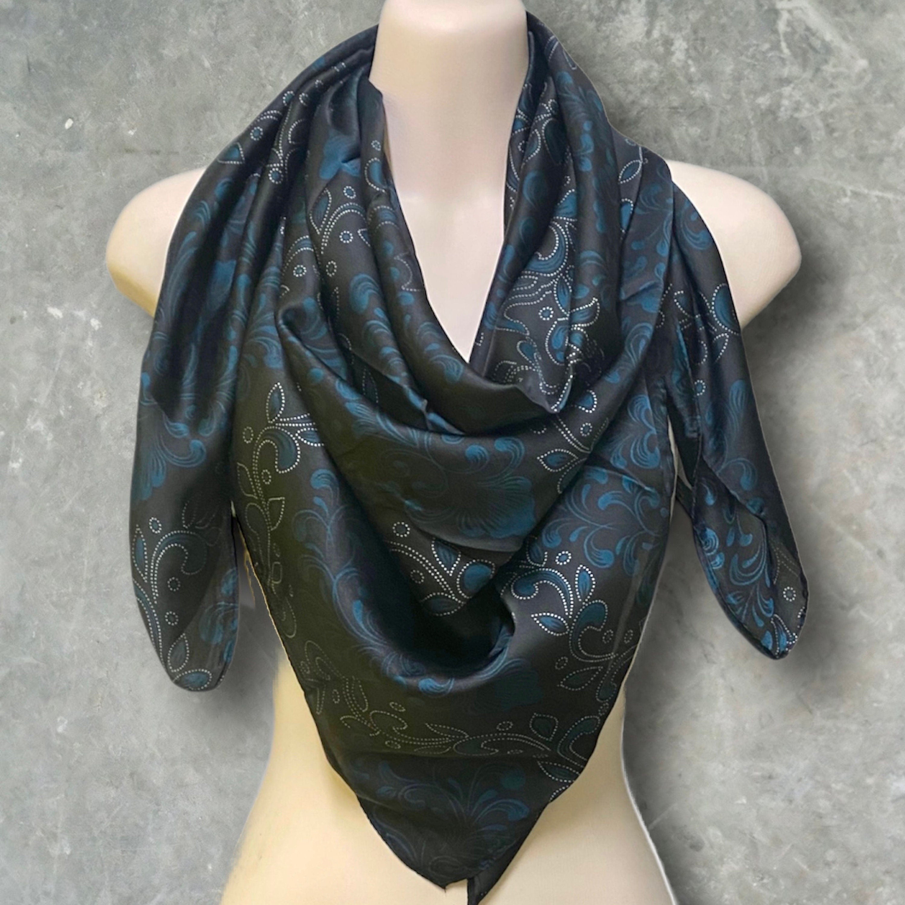 Dark Blue Silk Blend Square Scarf with Elegant Paisley Pattern – A Timeless Gift for Her, Any Occasion