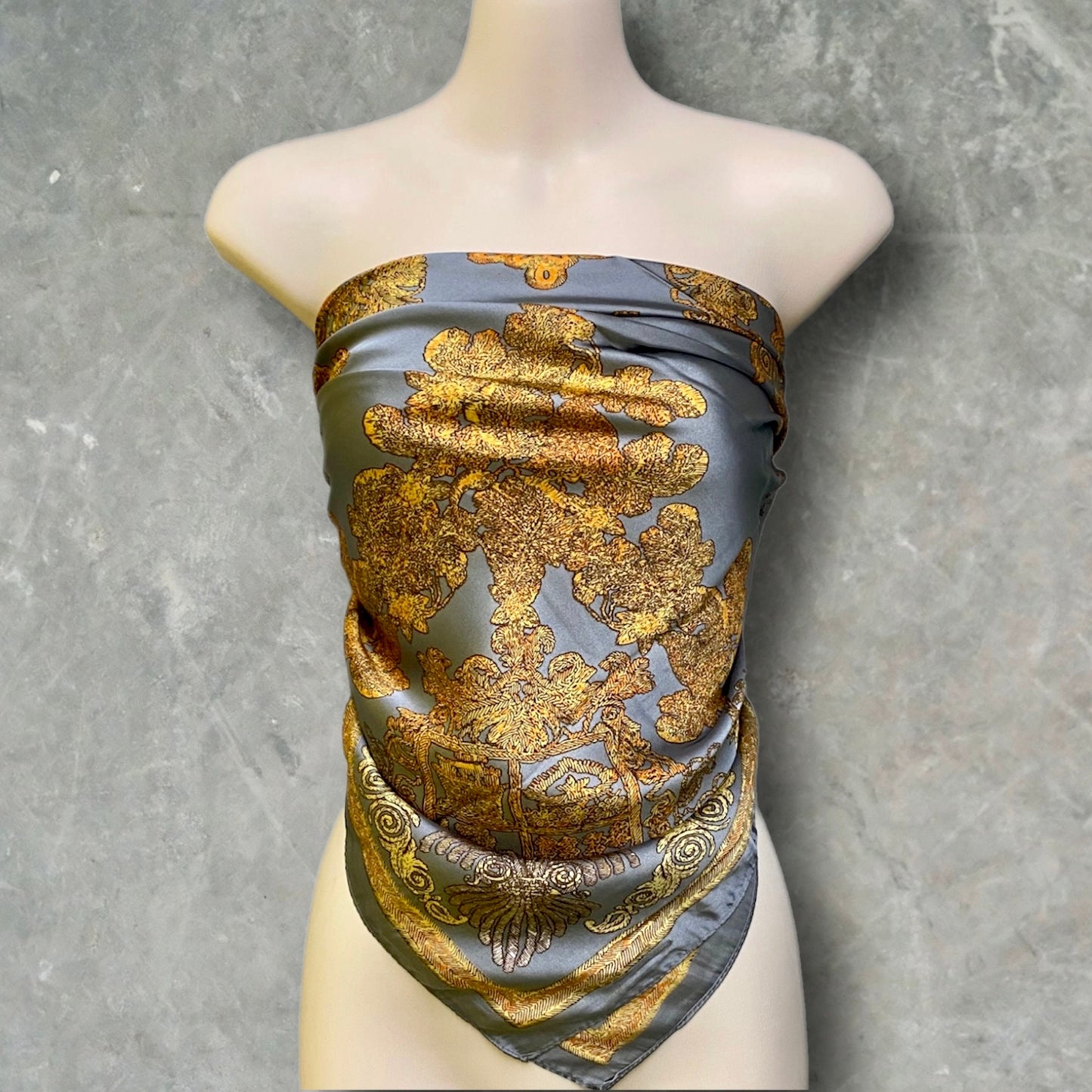 Gold and Silver Silk Square Scarf with Balinese Pattern – An Elegant Gift for Her, Any Occasion