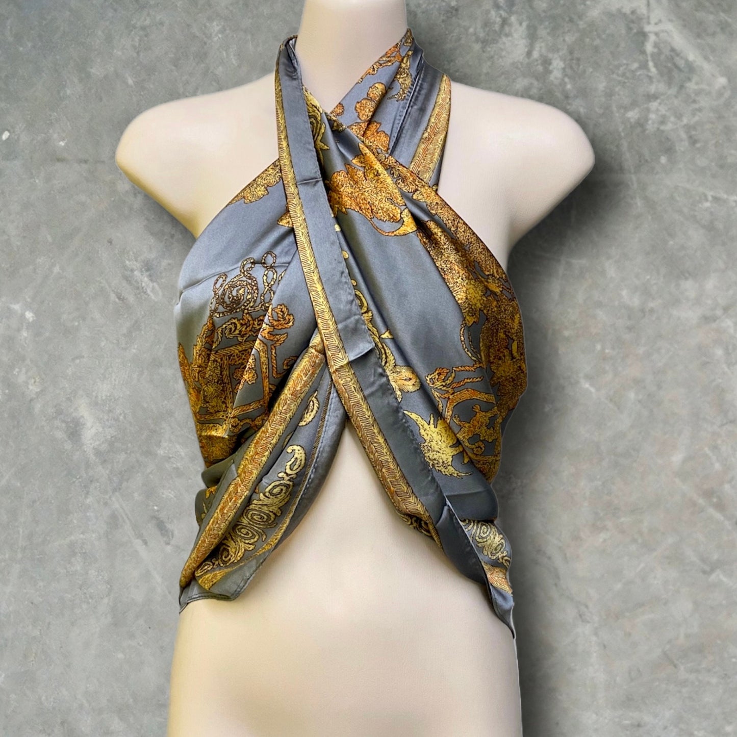 Gold and Silver Silk Square Scarf with Balinese Pattern – An Elegant Gift for Her, Any Occasion