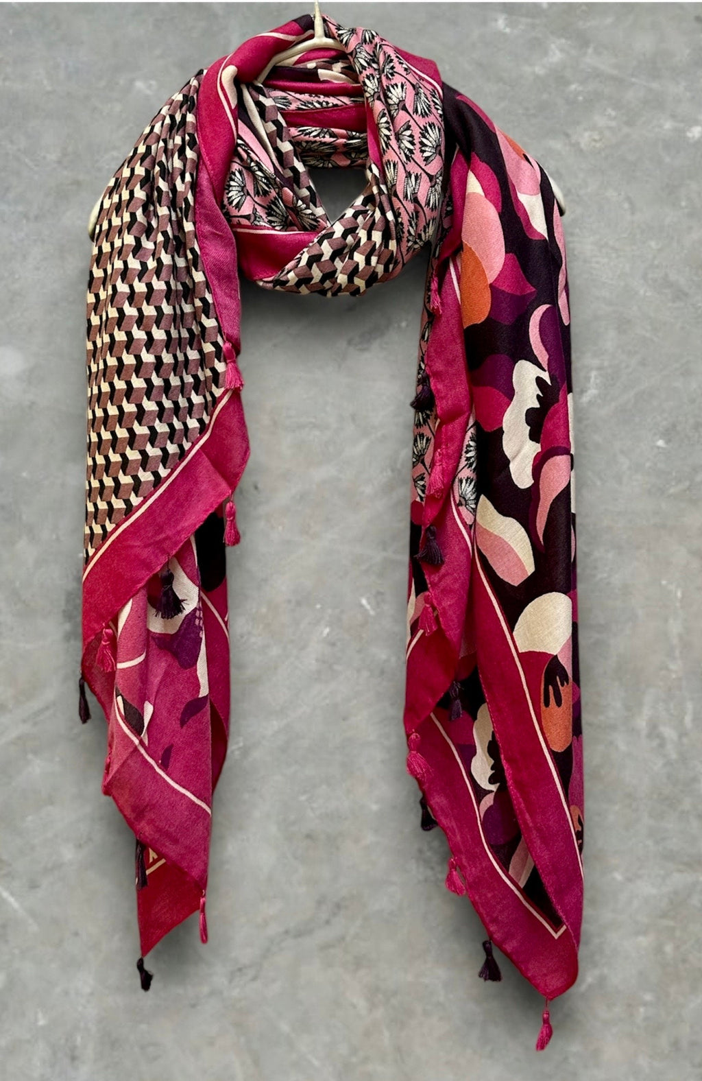 Versatile Pink Cotton Scarf with Seamless Flowers Pattern and Tassels