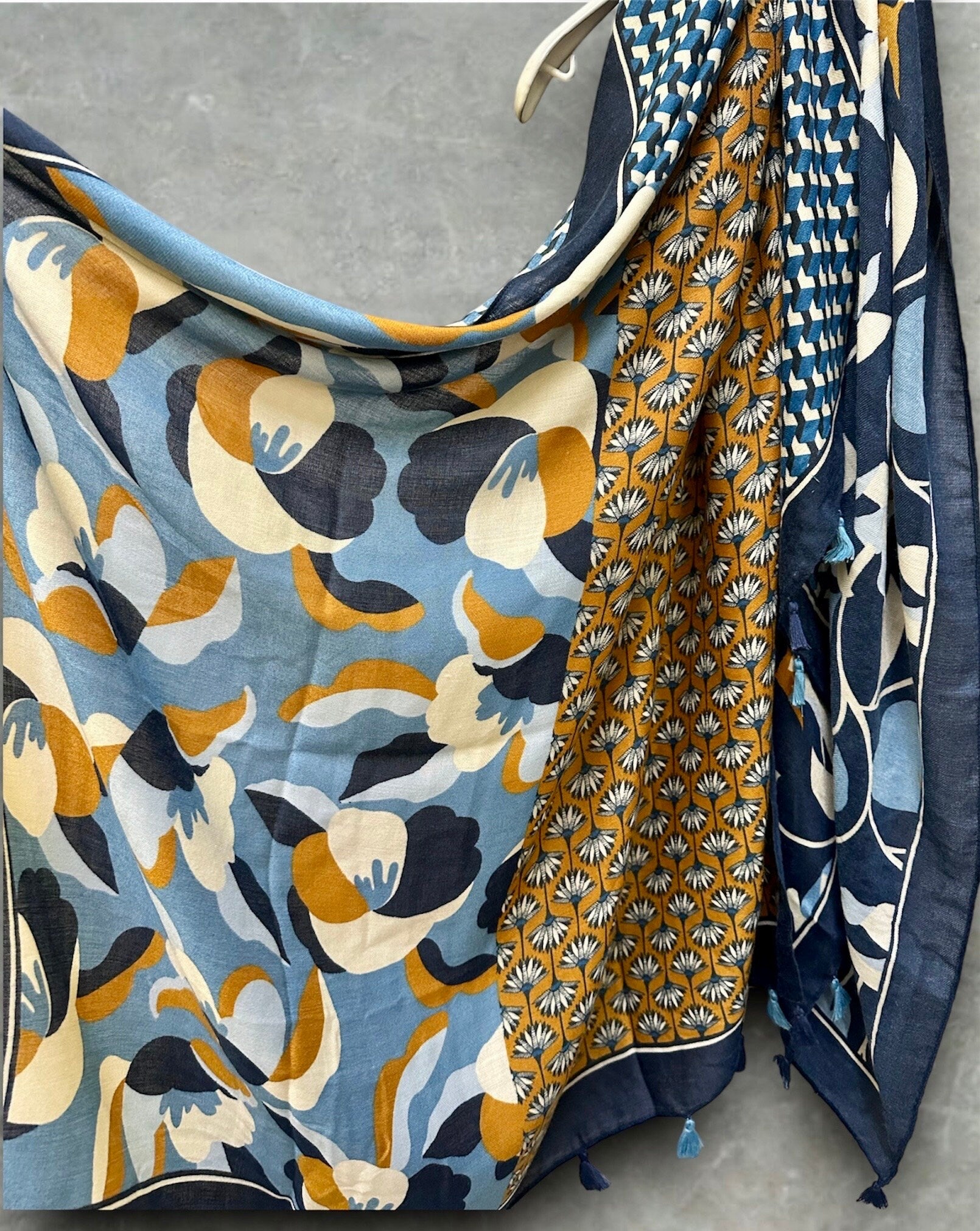 Versatile Blue Cotton Scarf with Seamless Flowers Pattern and Tassels