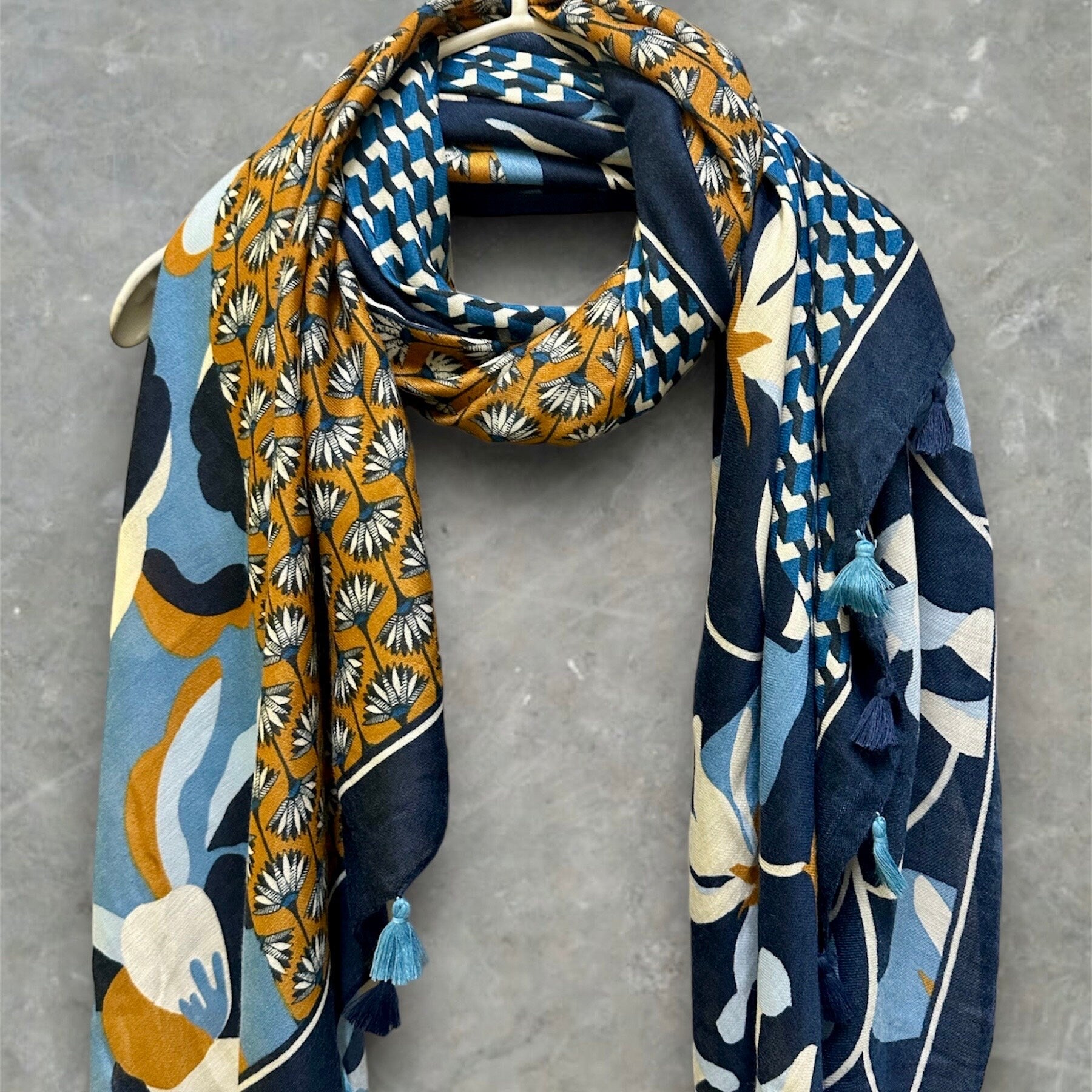Versatile Blue Cotton Scarf with Seamless Flowers Pattern and Tassels
