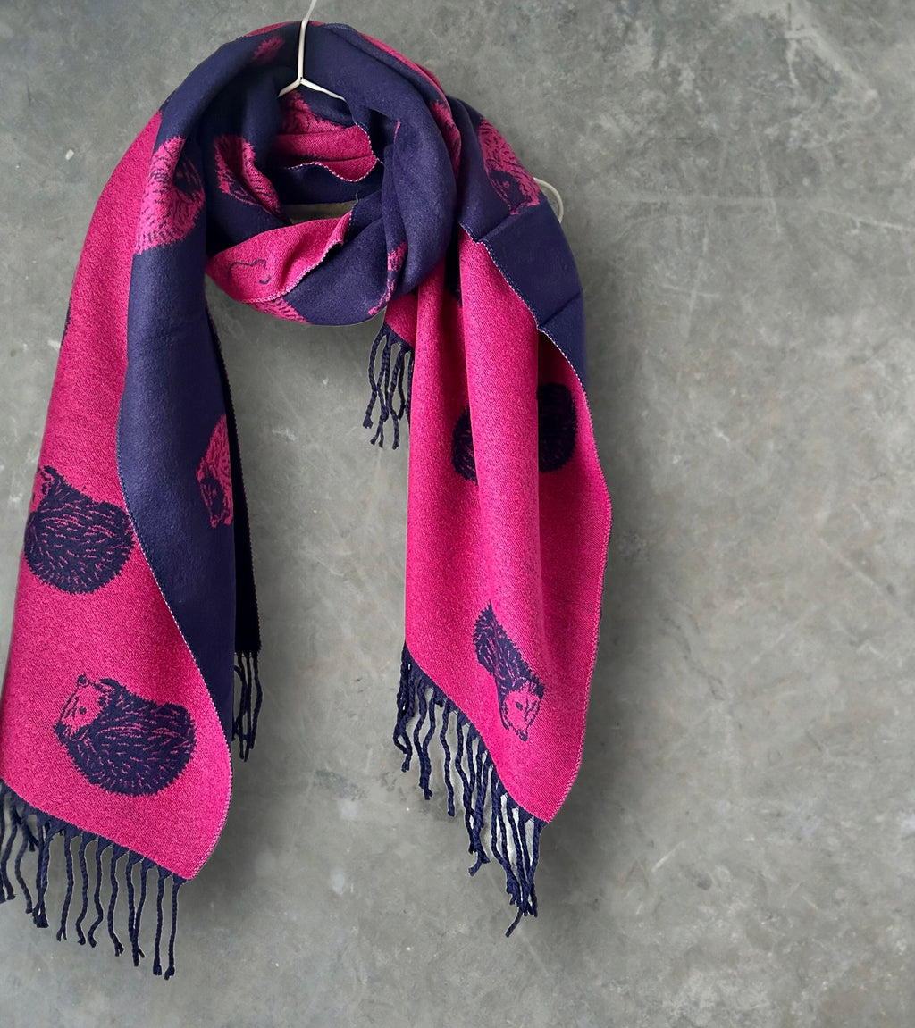 Adorable hedgehog Double-sided Cashmere Blend Scarf in Fuchsia Blue and Pink