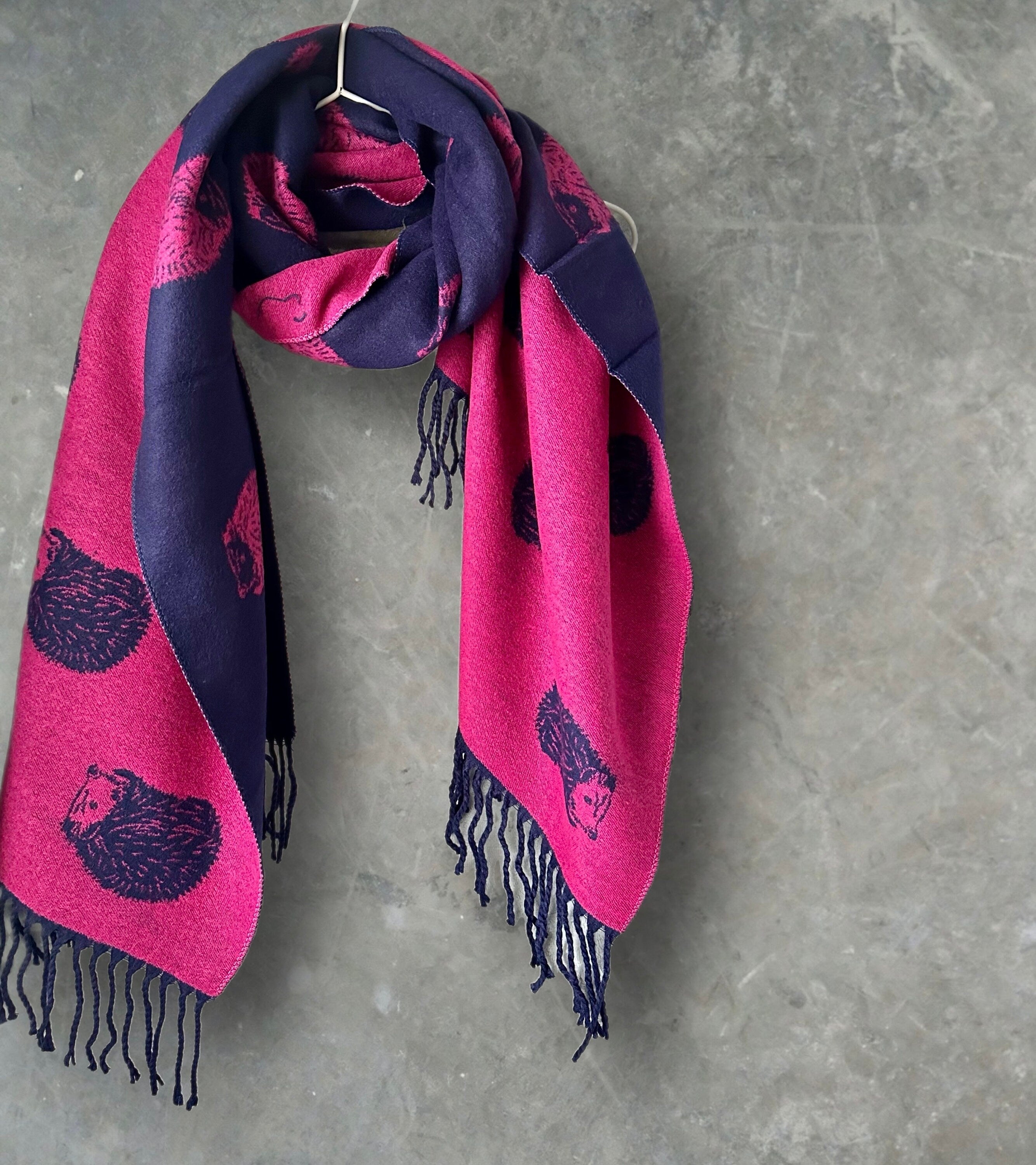 Adorable hedgehog Double-sided Cashmere Blend Scarf in Fuchsia Blue and Pink