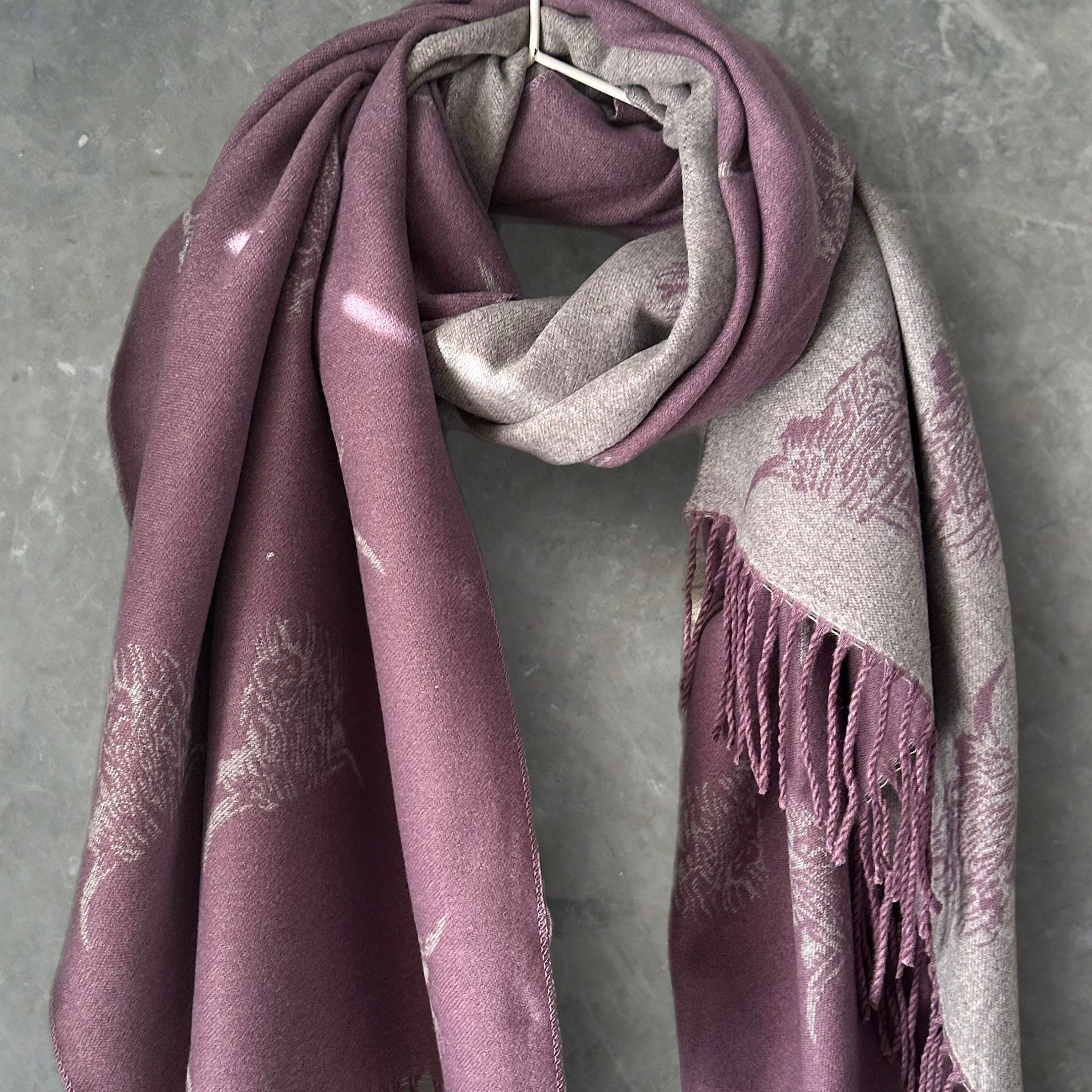 Highland Cattle Scarf in Purple and Grey Double-sided Cashmere Blend Scarf