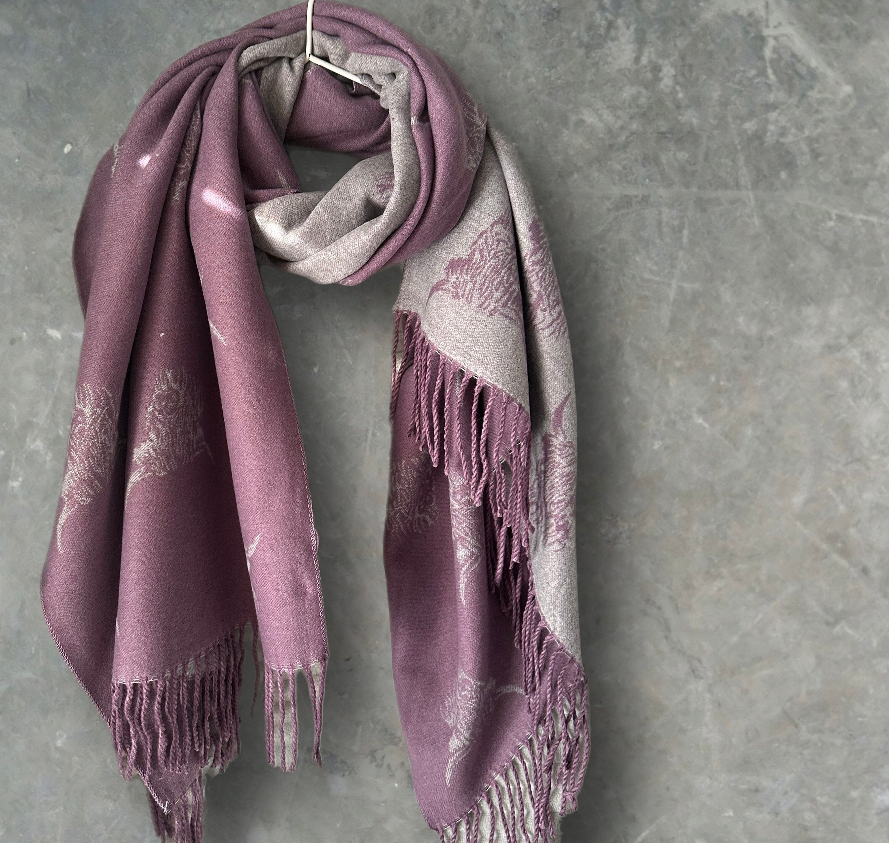 Highland Cattle Scarf in Purple and Grey Double-sided Cashmere Blend Scarf