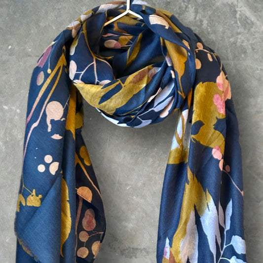 Watercolour Flowers Stem Blue Cotton Scarf/Summer Autumn Winter Scarf/Gifts For Her Birthday, Christmas/Gifts For Mother