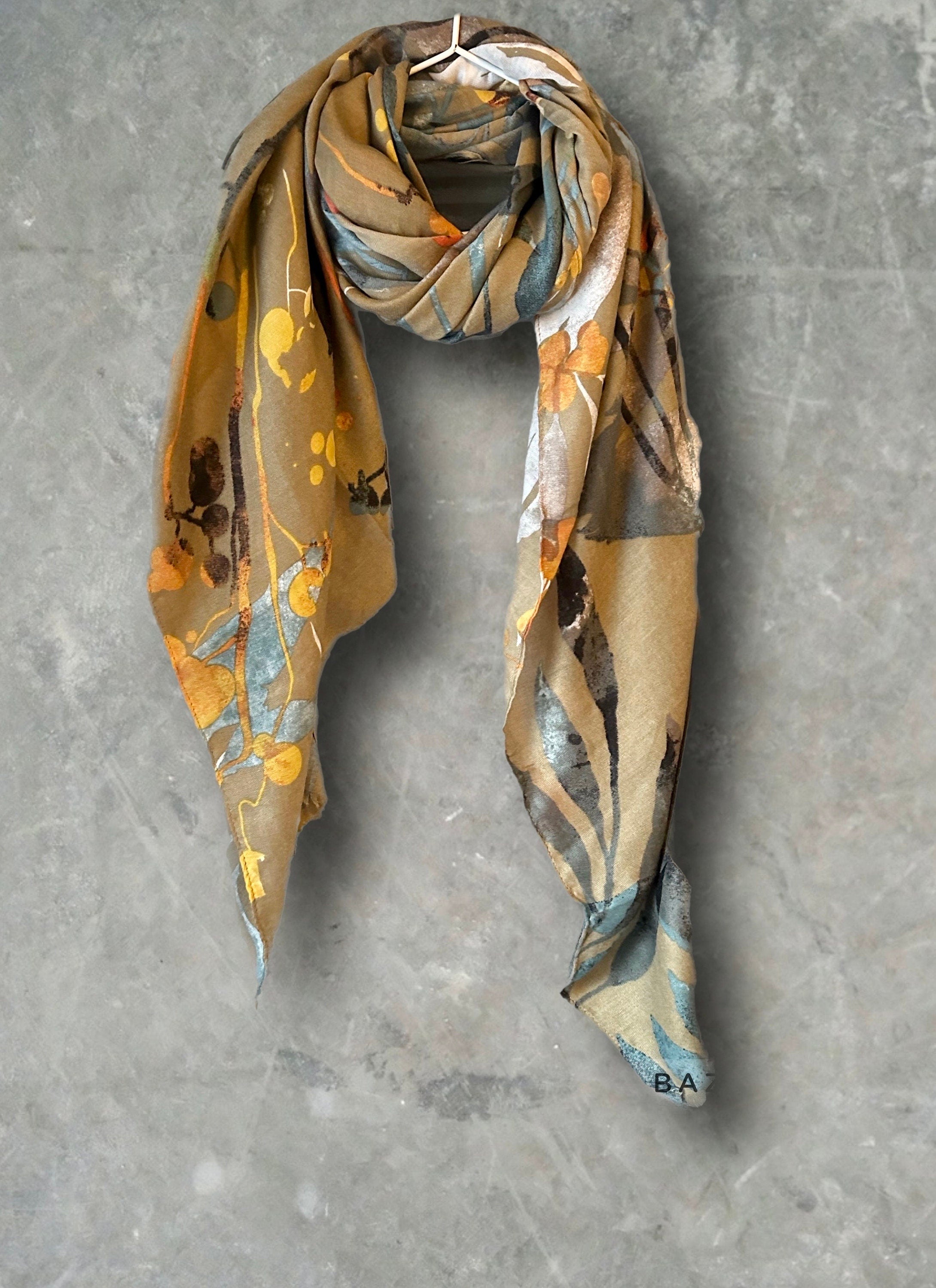 Watercolour Flowers Stem Brown Cotton Scarf
