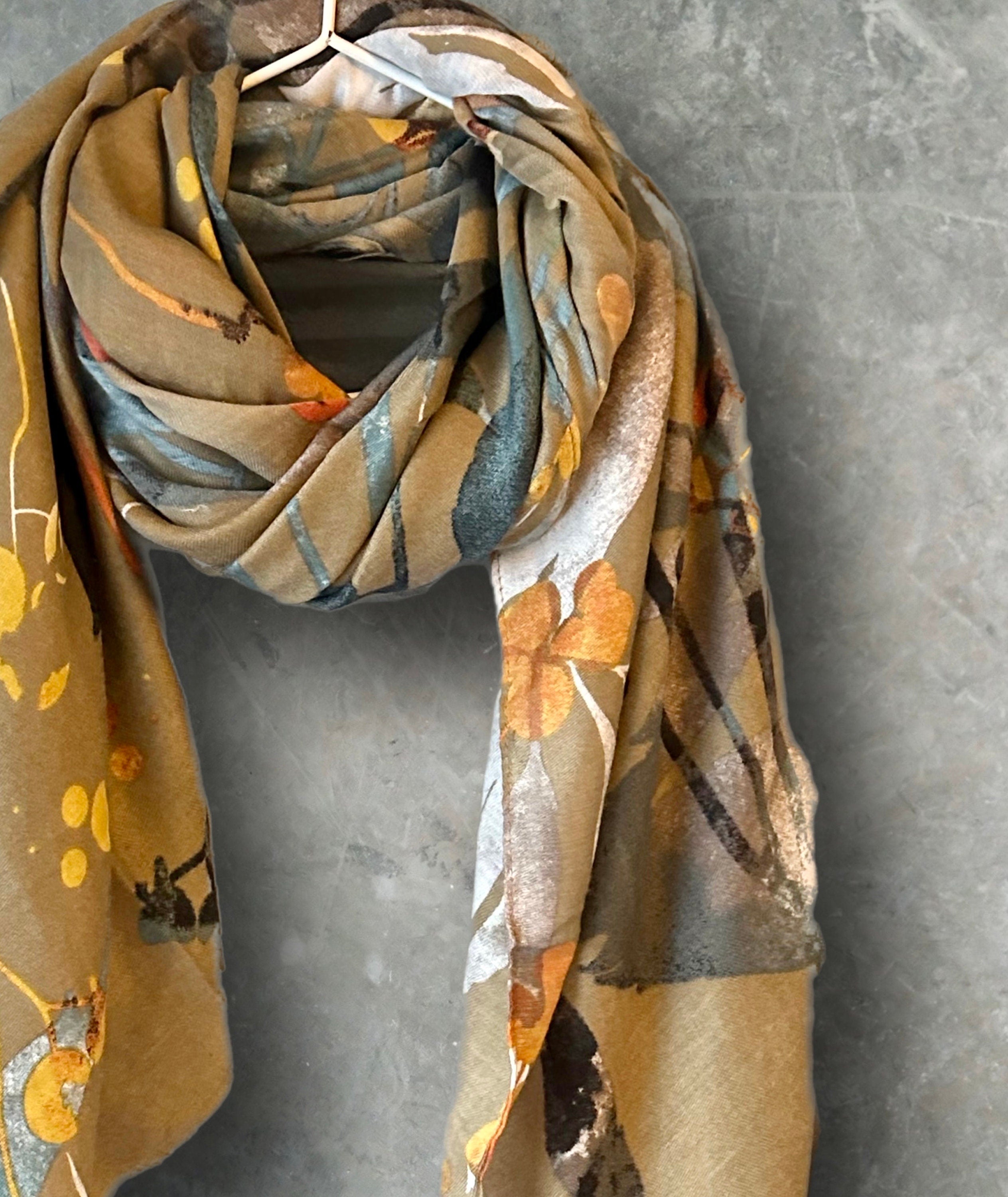 Watercolour Flowers Stem Brown Cotton Scarf