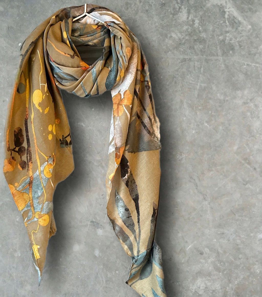 Watercolour Flowers Stem Brown Cotton Scarf