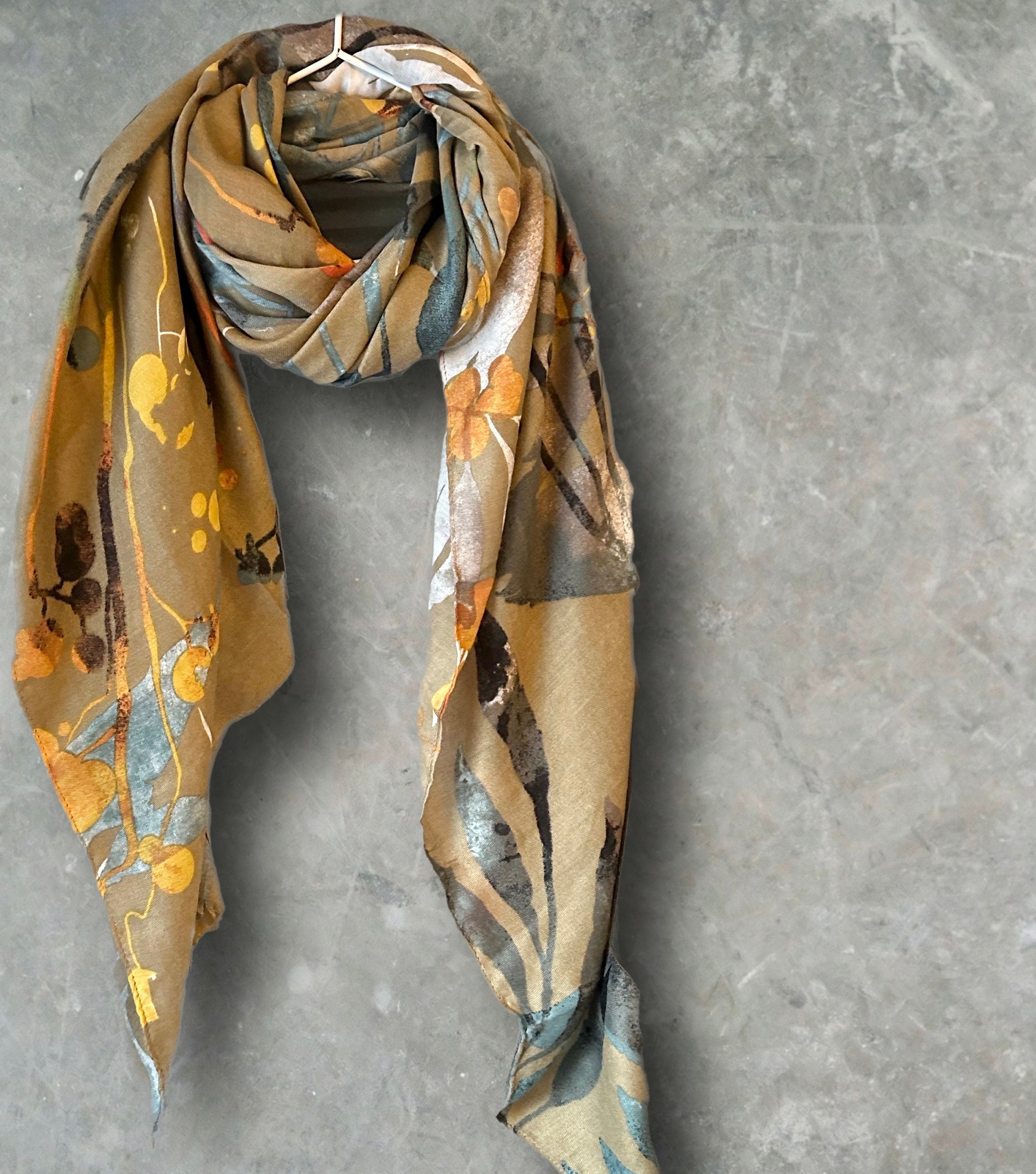 Watercolour Flowers Stem Brown Cotton Scarf