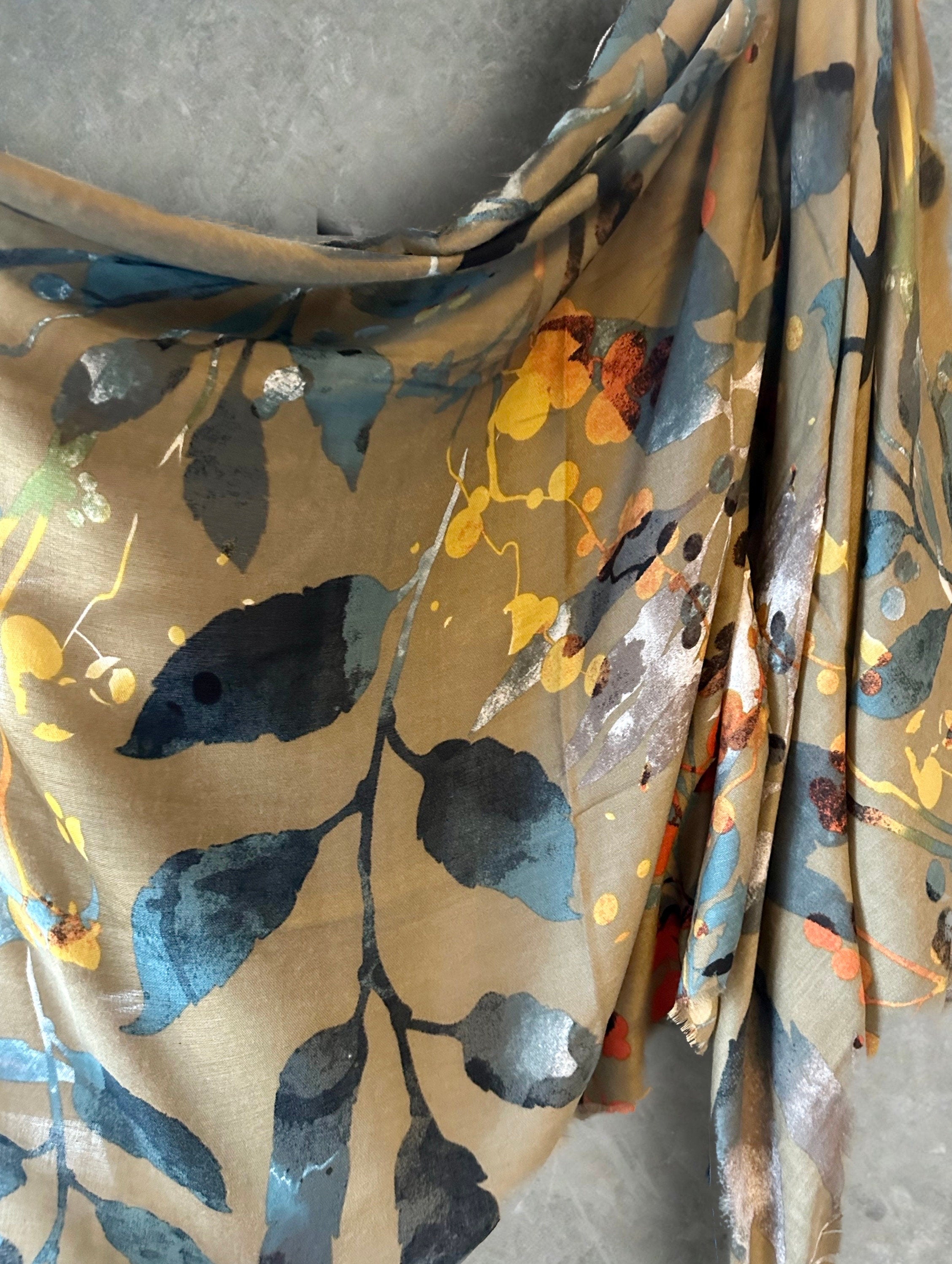 Watercolour Flowers Stem Brown Cotton Scarf
