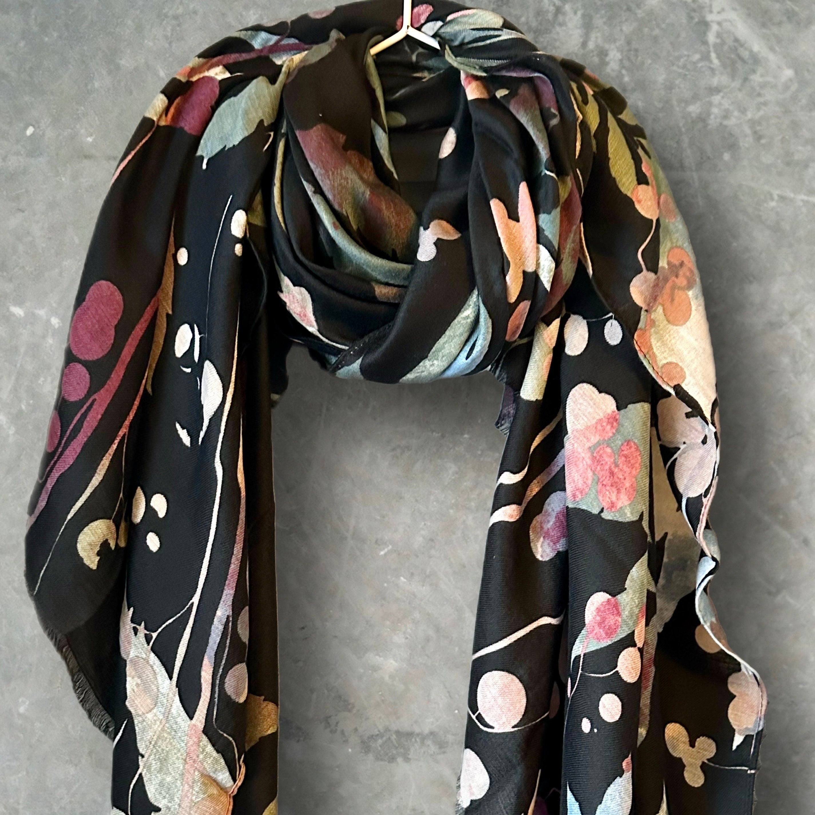 Watercolour Flowers Stem Black Cotton Scarf