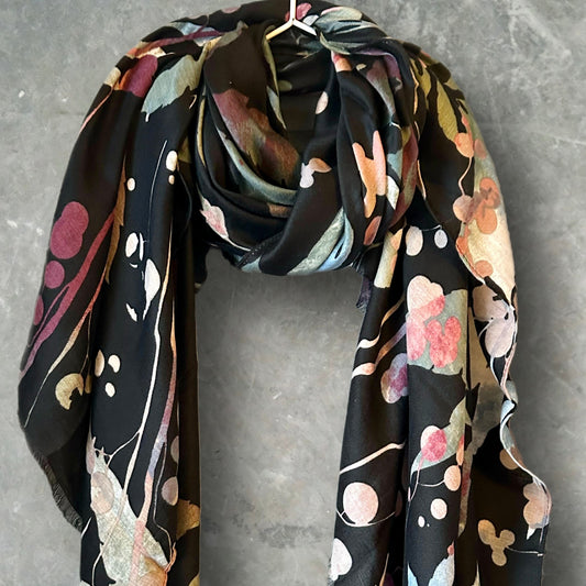 Watercolour Flowers Stem Black Cotton Scarf/Summer Autumn Winter Scarf/Gifts For Her Birthday, Christmas/Gifts For Mother