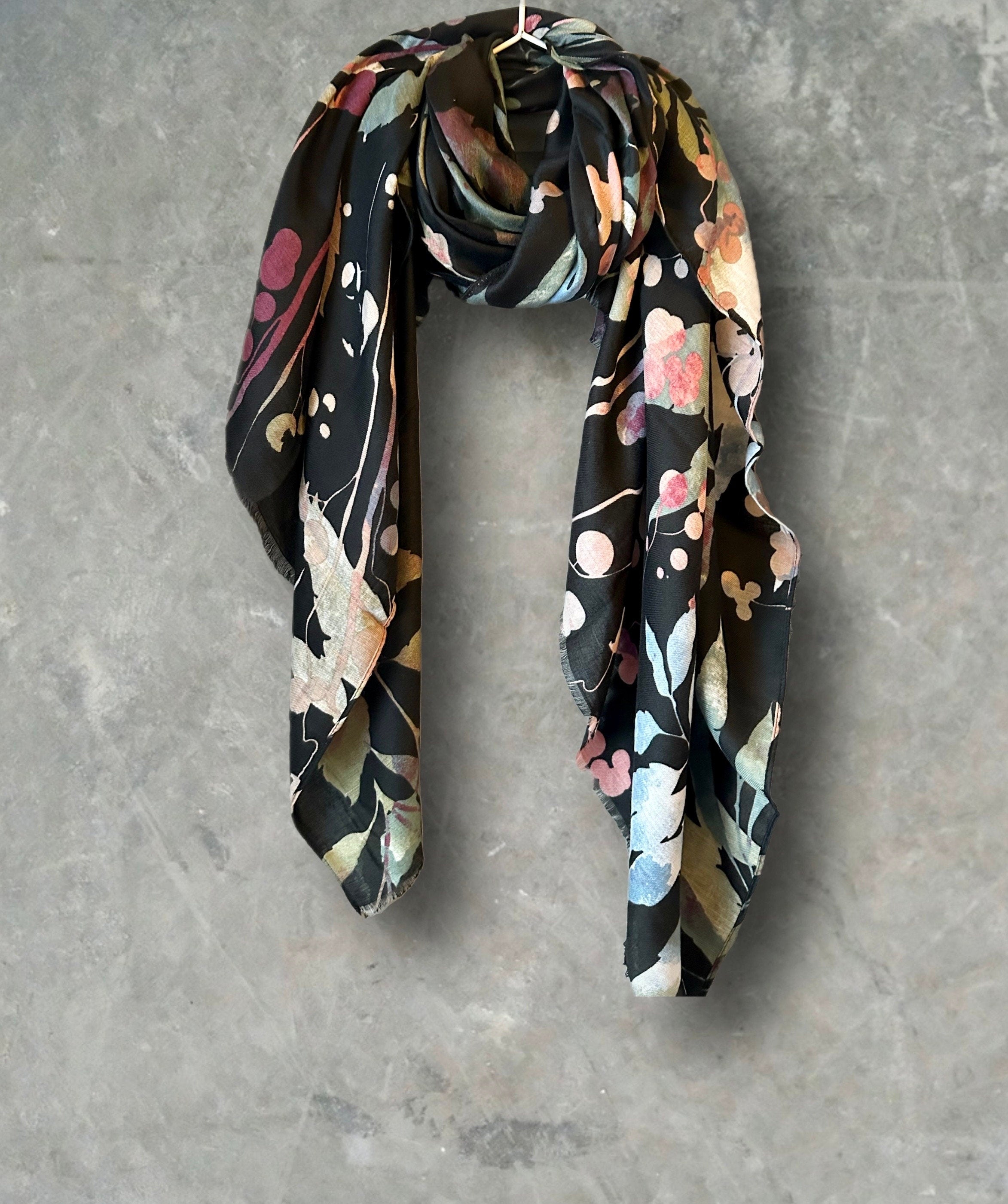 Watercolour Flowers Stem Black Cotton Scarf