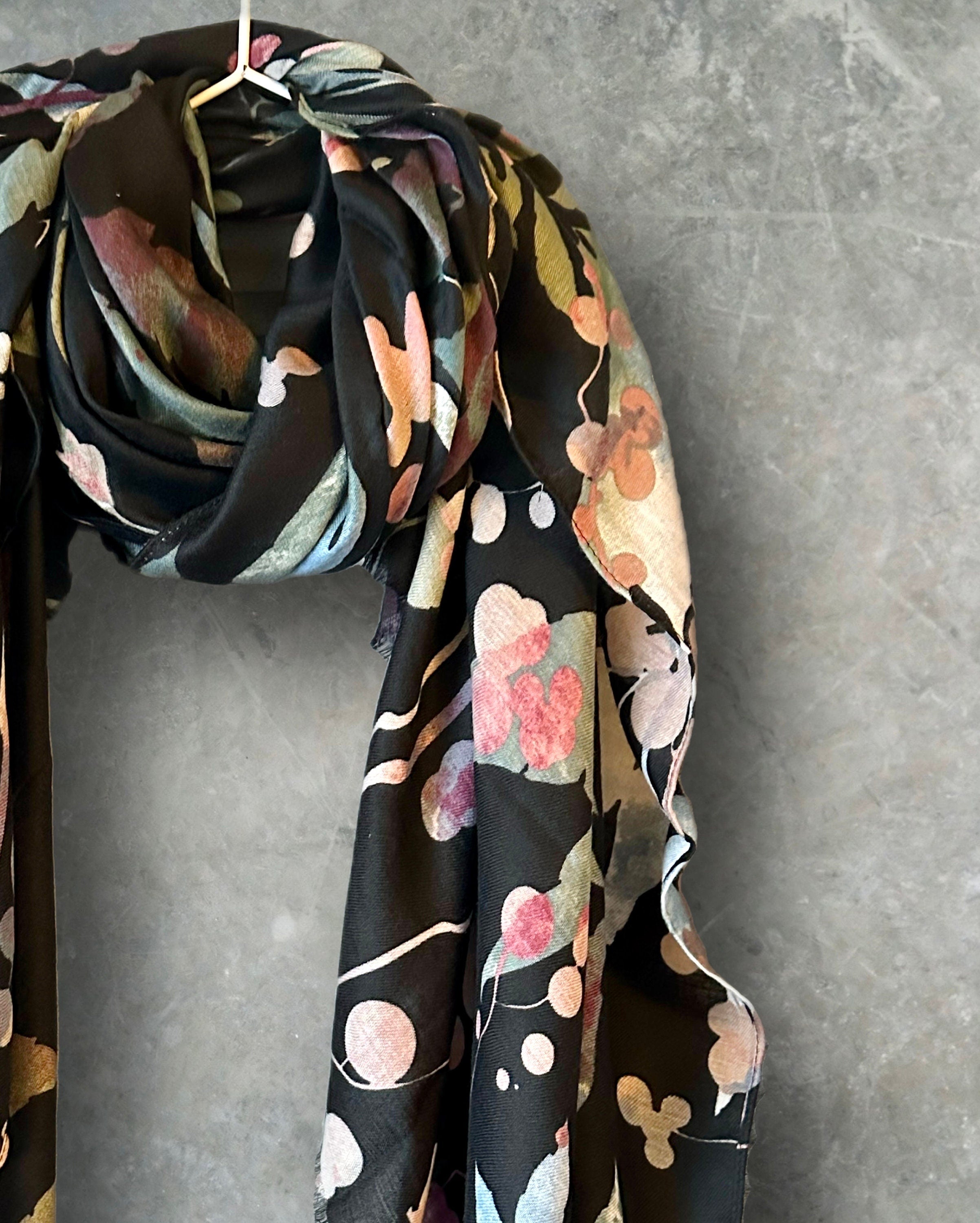 Watercolour Flowers Stem Black Cotton Scarf