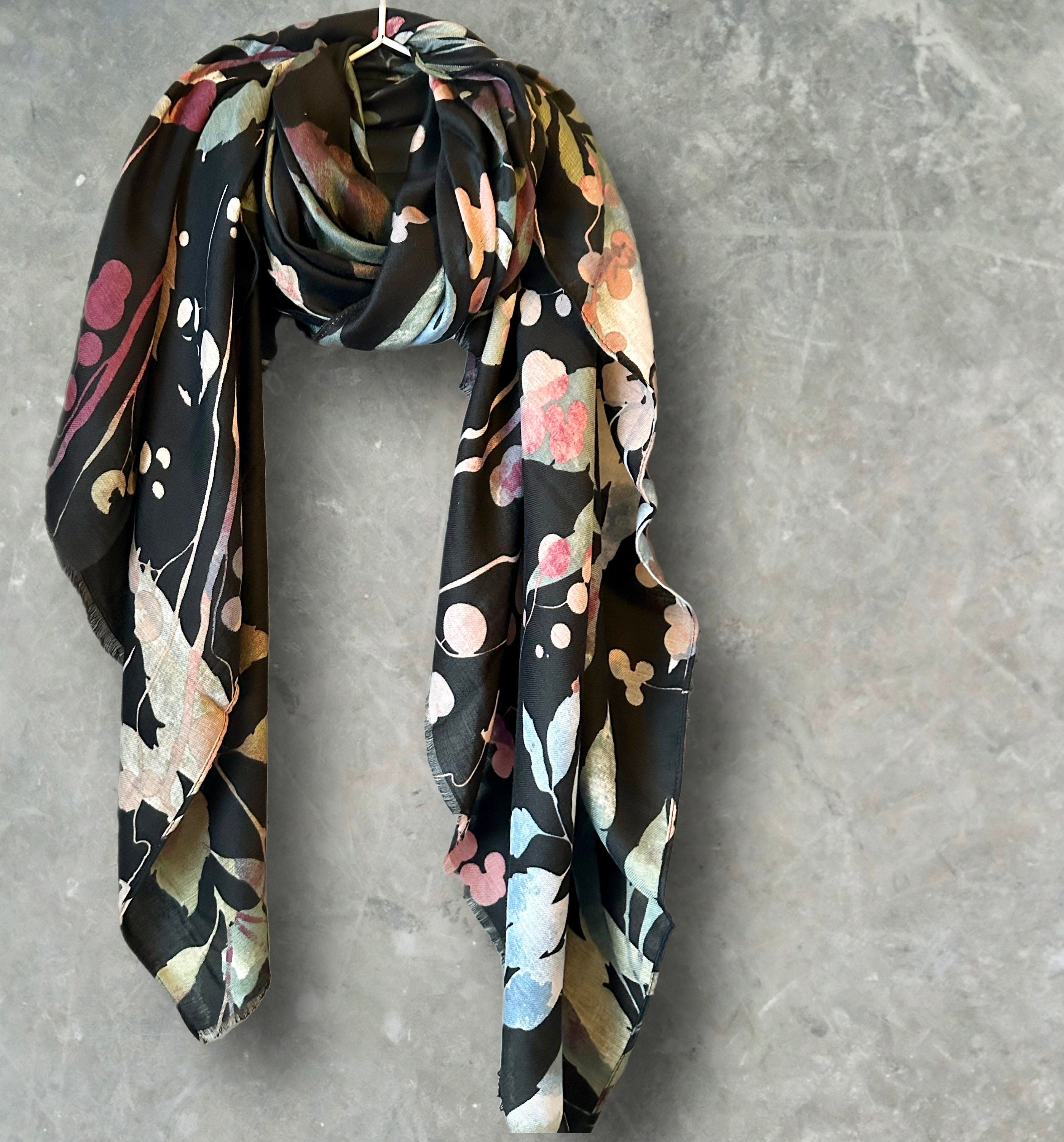 Watercolour Flowers Stem Black Cotton Scarf