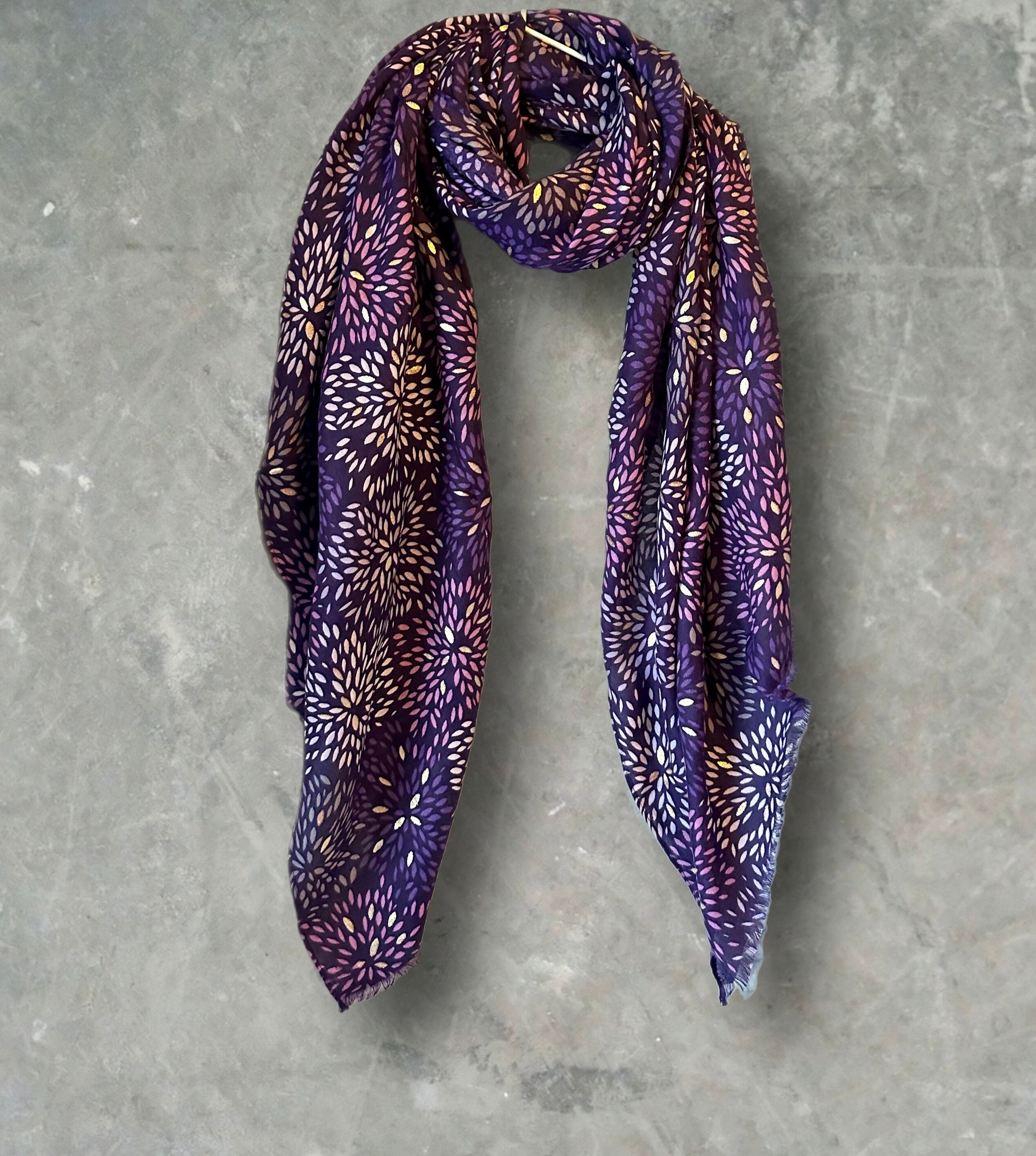 Firework Pattern with Gold Foils Purple Cotton Blend Scarf