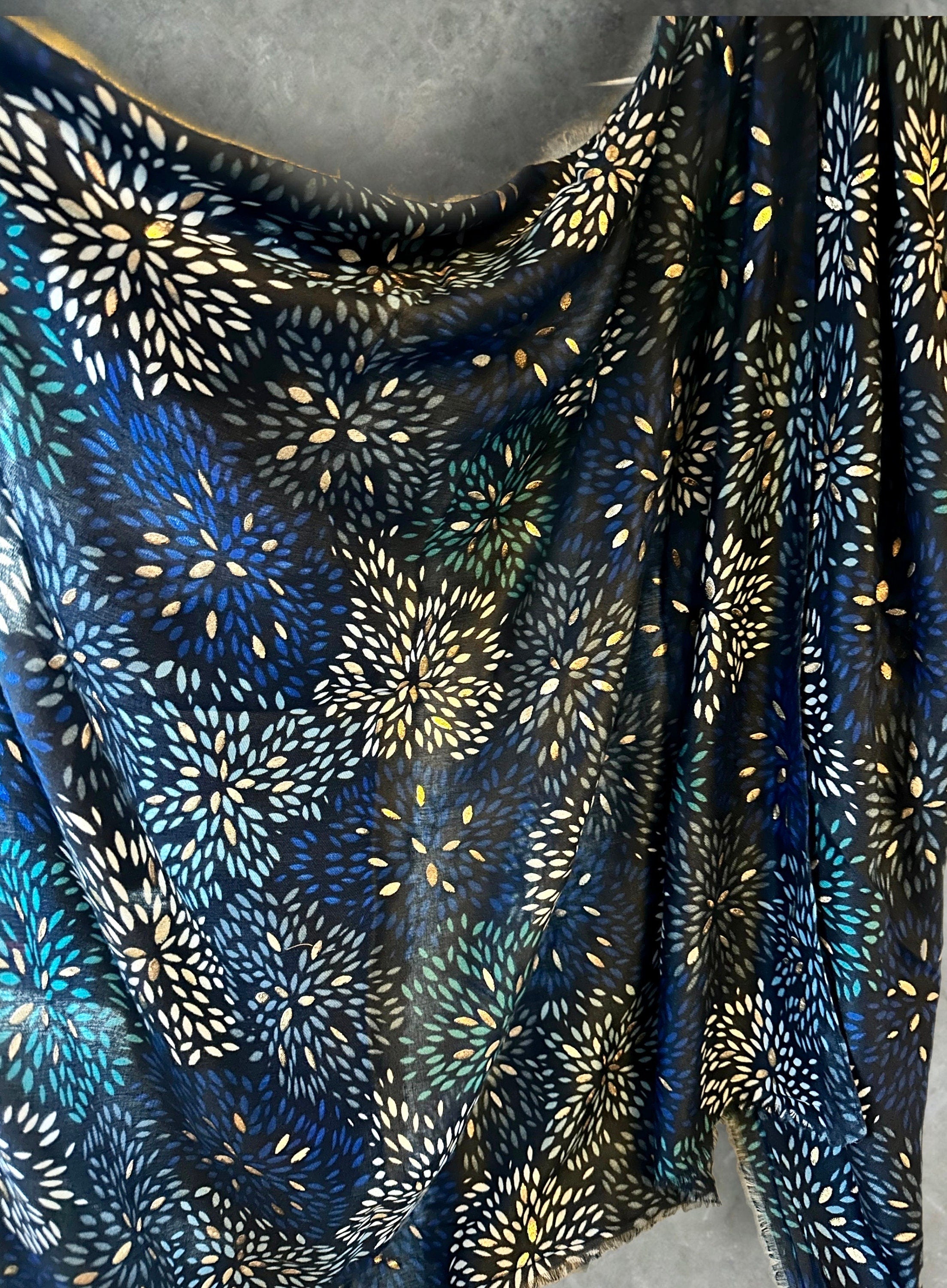 Firework Pattern with Gold Foils Blue Cotton Blend Scarf