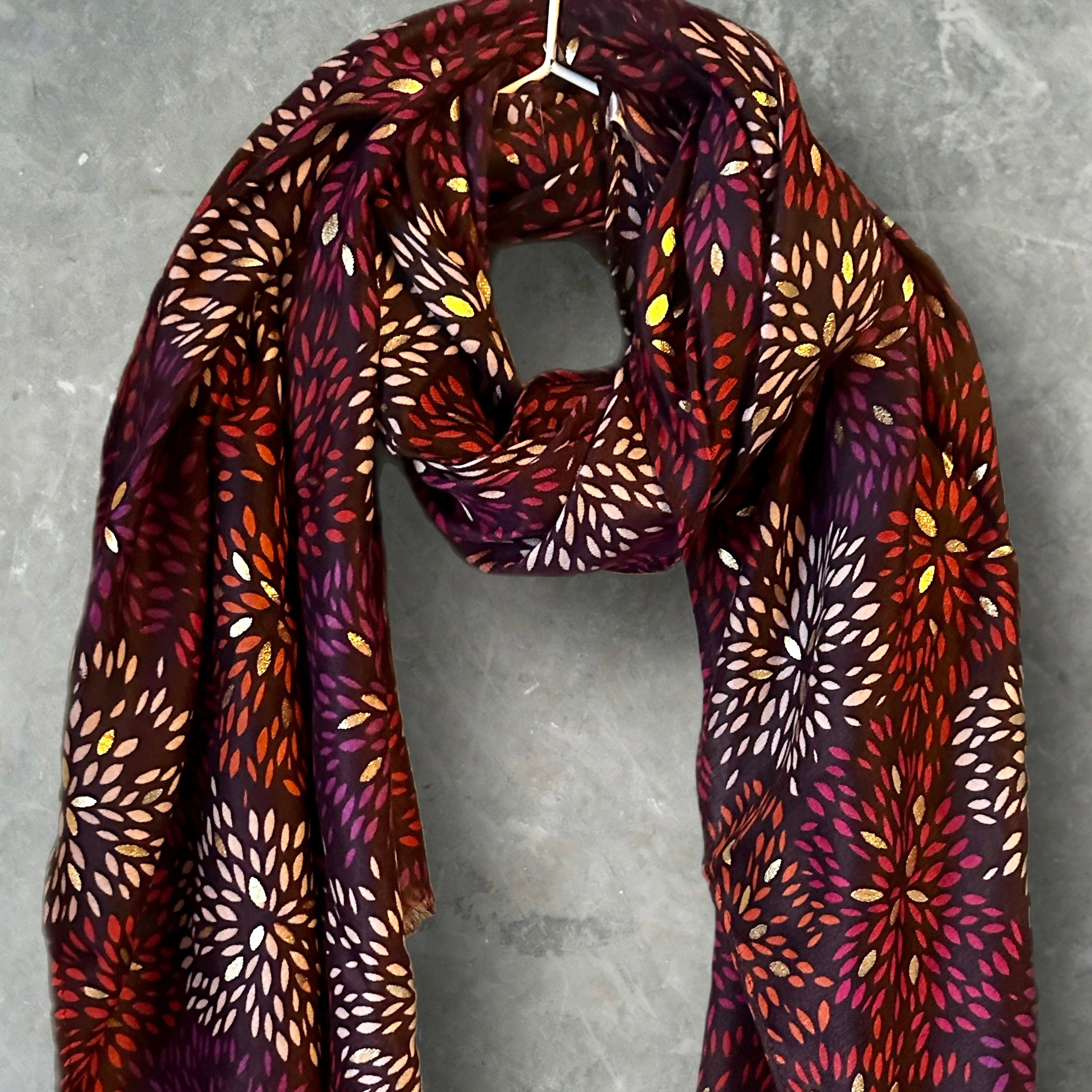 Firework Pattern with Gold Foils Red Cotton Blend Scarf