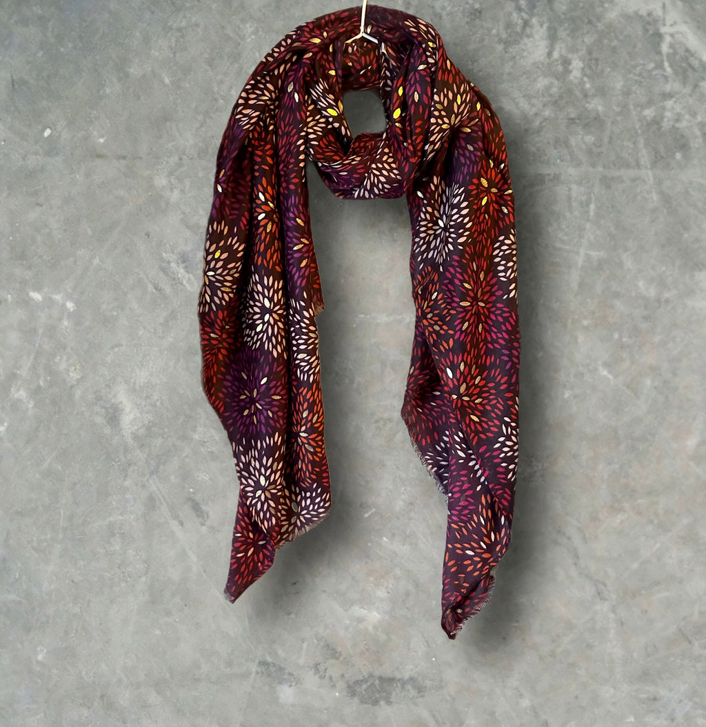 Firework Pattern with Gold Foils Red Cotton Blend Scarf